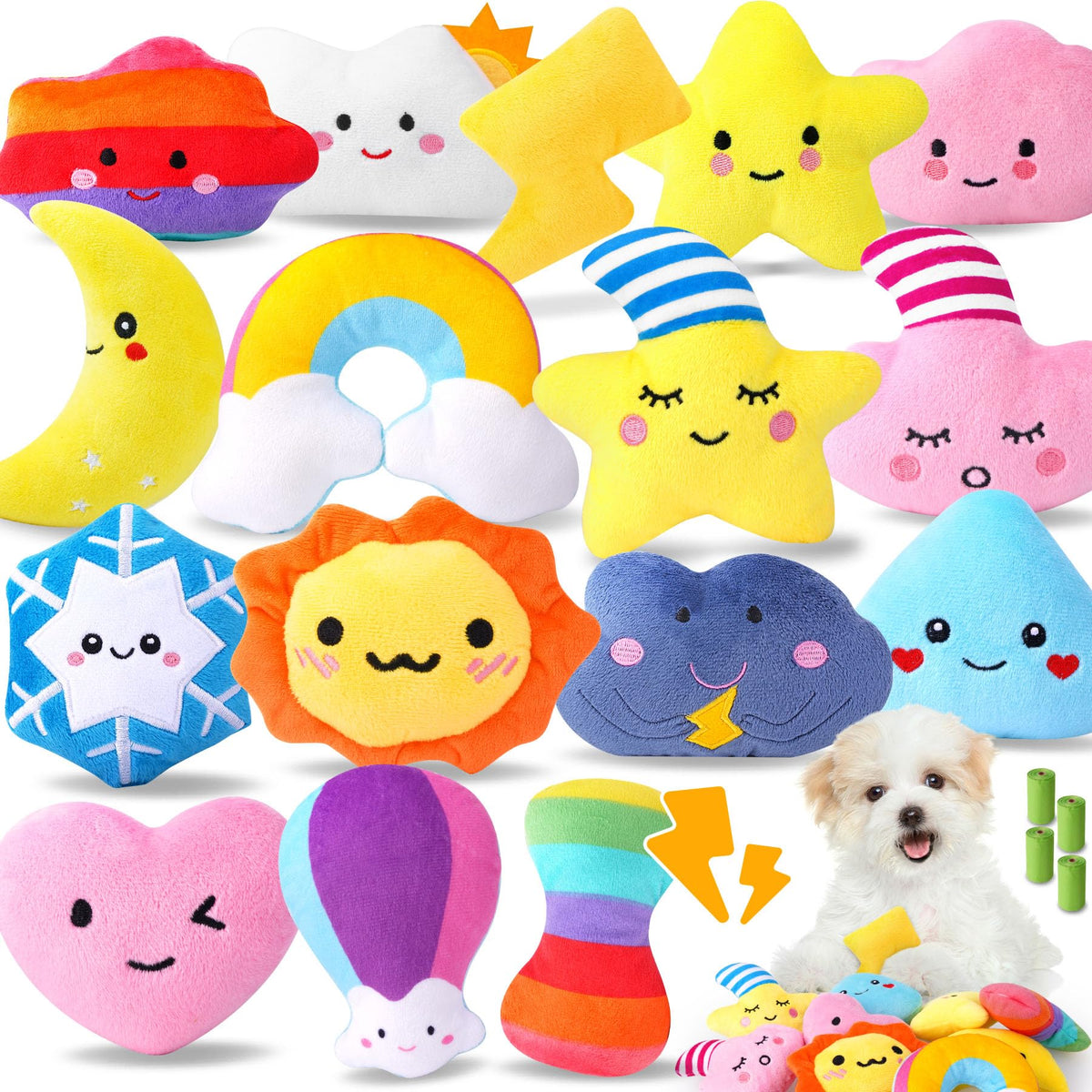 Cheerful 20-Pack Squeaky Dog Toys Set - Included 4 Dog Bags, Plush Puppy Toys with Irresistibly Cute Characters for Small Dogs, Interactive Dog Squeak Toys for Fun&Teeth Cleaning