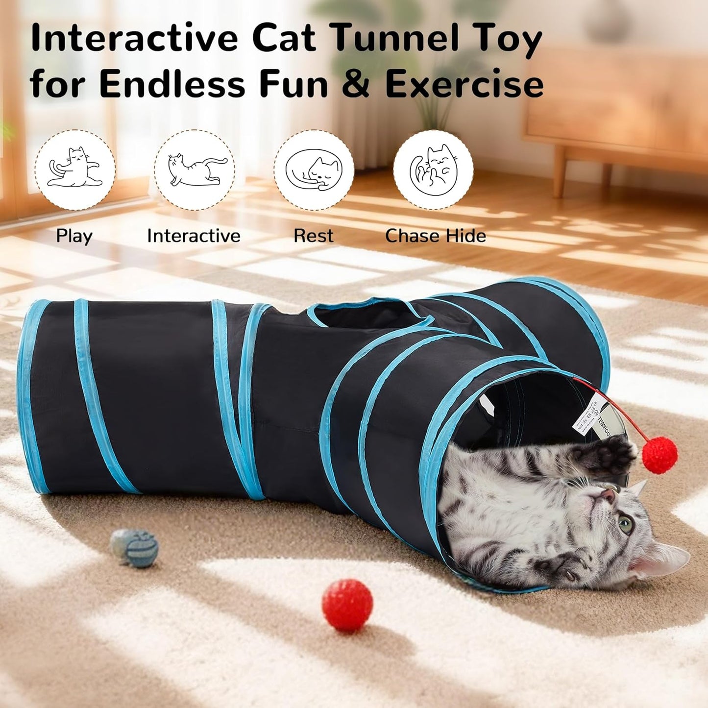 Tempcore Pet Cat Tunnel Tube Toys 3 Way Collapsible, Tunnels for Indoor Cats, Interactive Tube with Teaser Wand, Peek Holes & Hanging Ball, Black & Blue