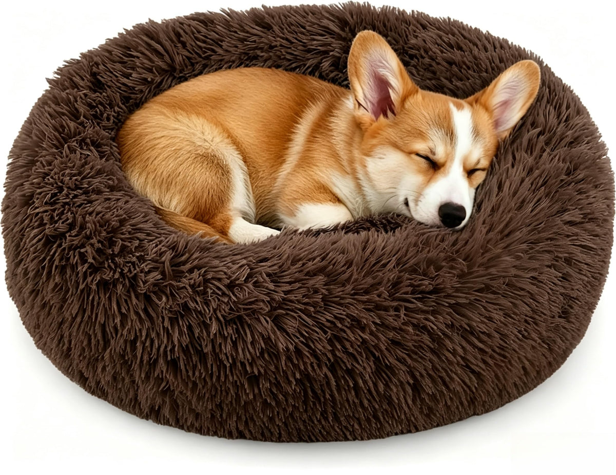 Calming Donut Dog and Cat Bed for Indoor Cats, Anti-Anxiety Round Fluffy Soft Washable Small Pet Bed for Puppy and Kitten, Warming Comfortable Luxury Anti-Slip Waterproof Mute Base 20in Gray
