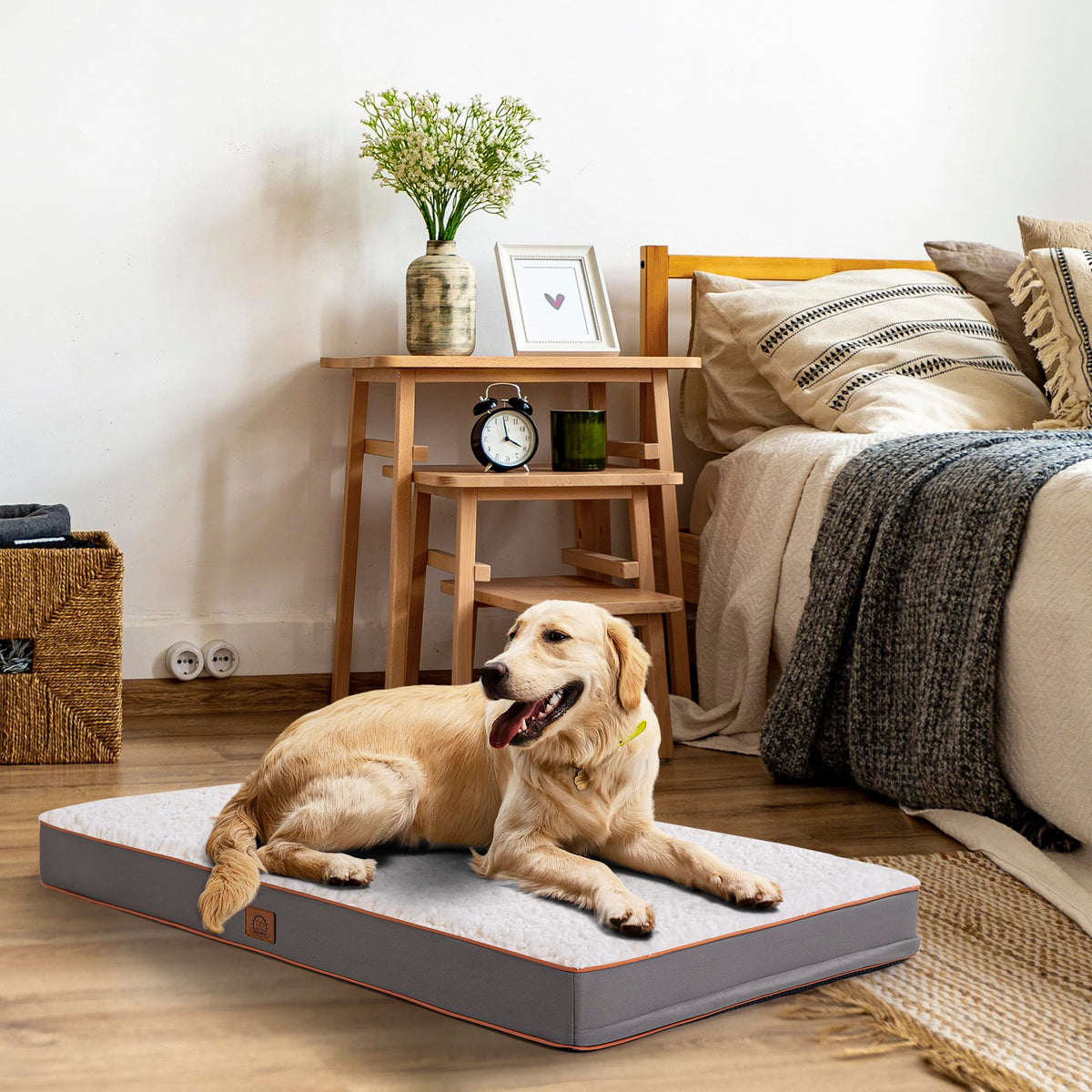 Sunheir Orthopedic Dog Bed for Large Dogs - Big Waterproof Dog Crate Bed with Removable Washable Cover, Egg Crate Foam Support, Anti-Slip Bottom, Deluxe Plush Pet Bed Mat (Grey)