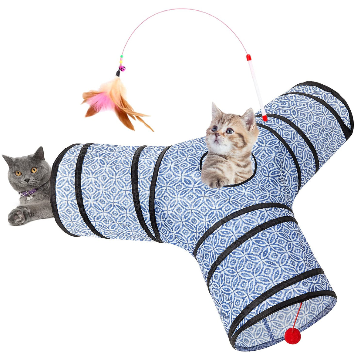 Tempcore Pet Cat Tunnel Tube Toys 3 Way Collapsible, Tunnels for Indoor Cats, Interactive Tube with Teaser Wand, Peek Holes & Hanging Ball, Black & Blue