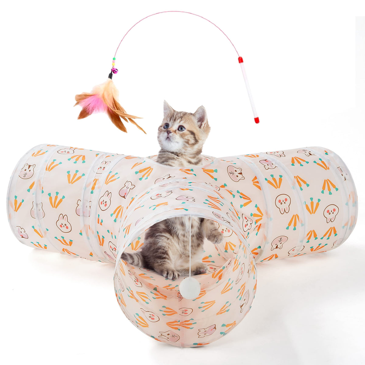 Tempcore Pet Cat Tunnel Tube Toys 3 Way Collapsible, Tunnels for Indoor Cats, Interactive Tube with Teaser Wand, Peek Holes & Hanging Ball, Black & Blue