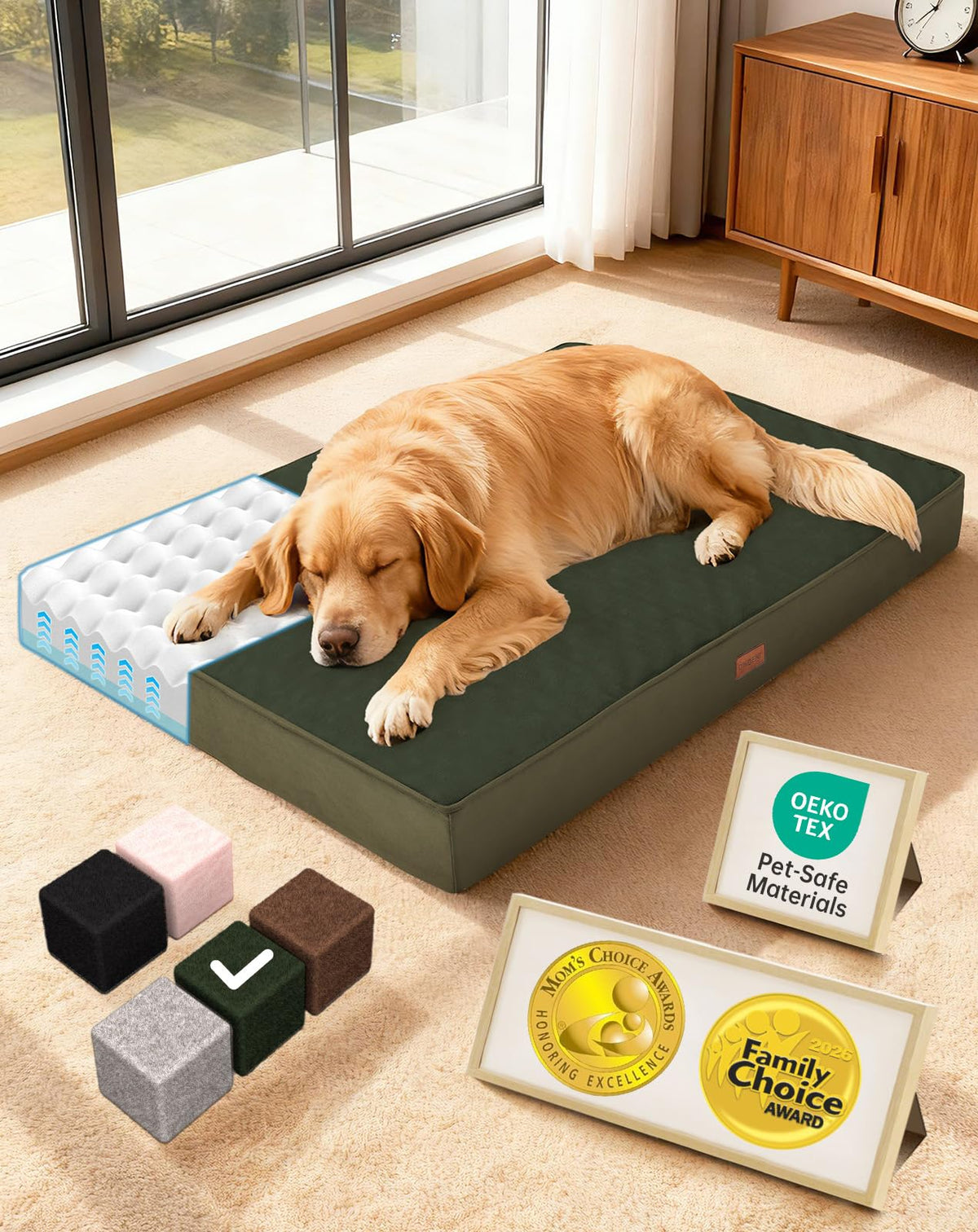 OhGeni Orthopedic Waterproof Dog Bed for Extra Large Dogs, Machine-Washable Removable Cover in Easy-Clean Fabric, Reversible Memory Foam & Easy-Carry Handle, Suitable for Crate, 41 inch (Gray)