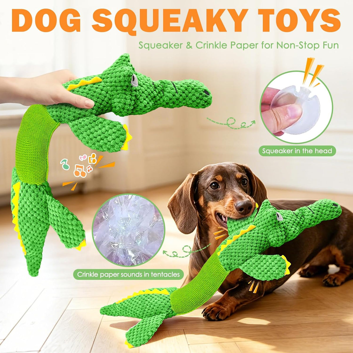WOWBALA Dog Squeaky Toys Stretchable Crocodile for Interactive Tug of War | 24-31in Plush Chew Toy with Squeaker & Crinkle Paper, Pineapple Cotton, Ideal for Puppy Small Medium Dogs Indoor Outdoor Play