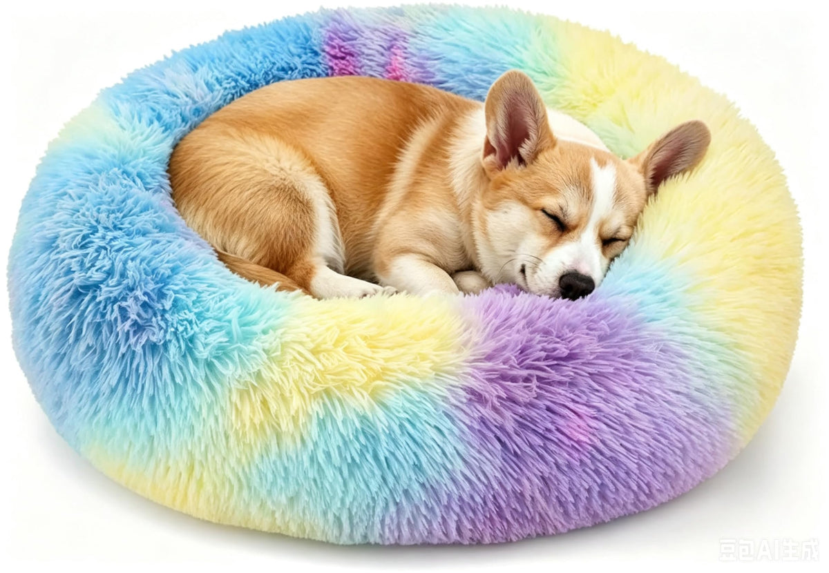 Calming Donut Dog and Cat Bed for Indoor Cats, Anti-Anxiety Round Fluffy Soft Washable Small Pet Bed for Puppy and Kitten, Warming Comfortable Luxury Anti-Slip Waterproof Mute Base 20in Gray