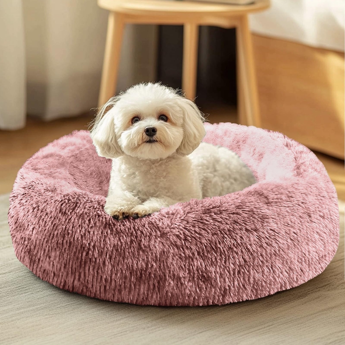 JOLLYVOGUE Small Dog Bed, Calming Soft Anti-Anxiety Donut Cat Bed, Washable Round Fluffy Cushion for Small and Medium Pets (20")