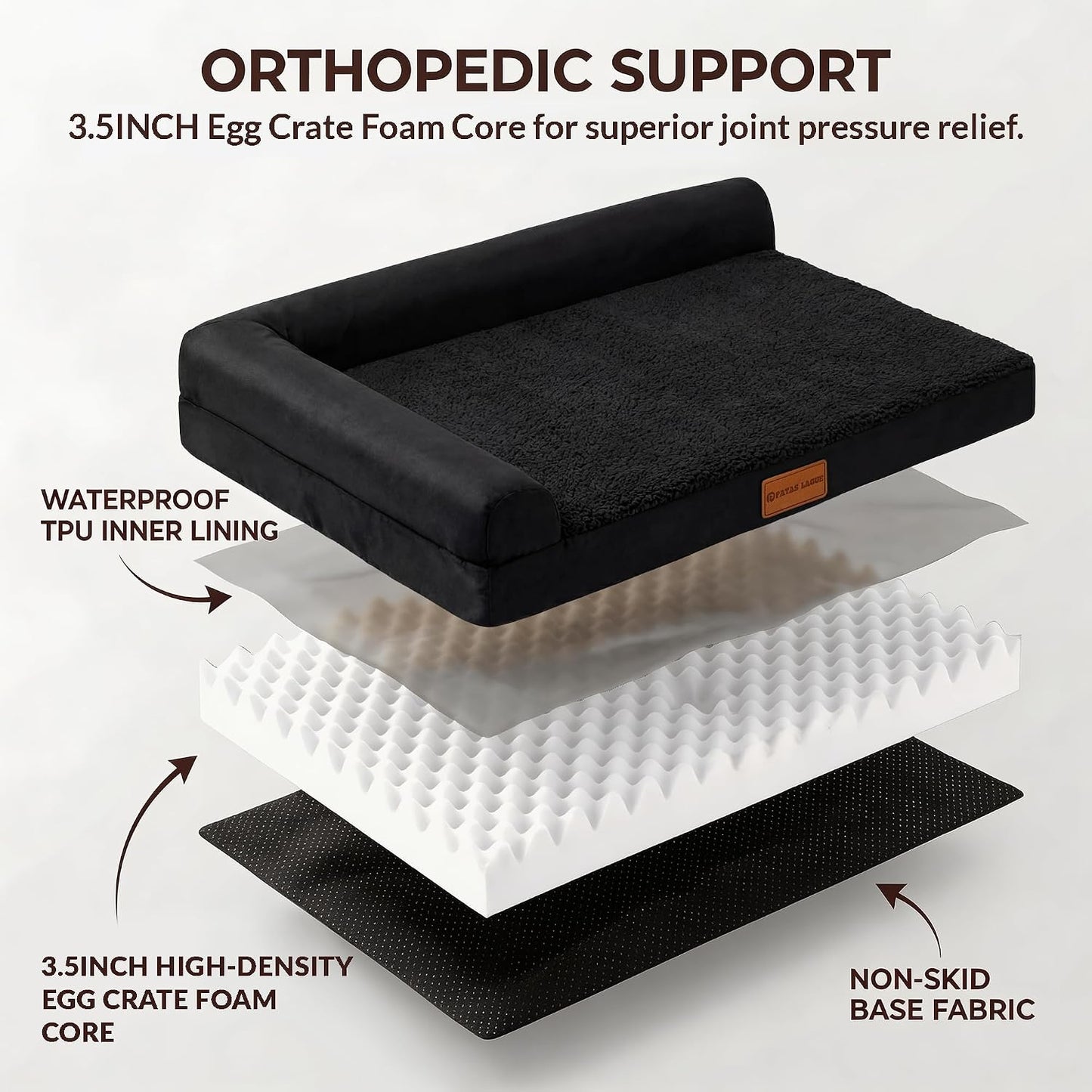 Patas Lague Orthopedic Dog Bed Large Sized Dog 36''X24'', Waterproof L Bolster Medium Pet Sofa Beds with Removable Washable Cover, Soft Pet Couch Crate Mat with Nonskid Bottom, Black