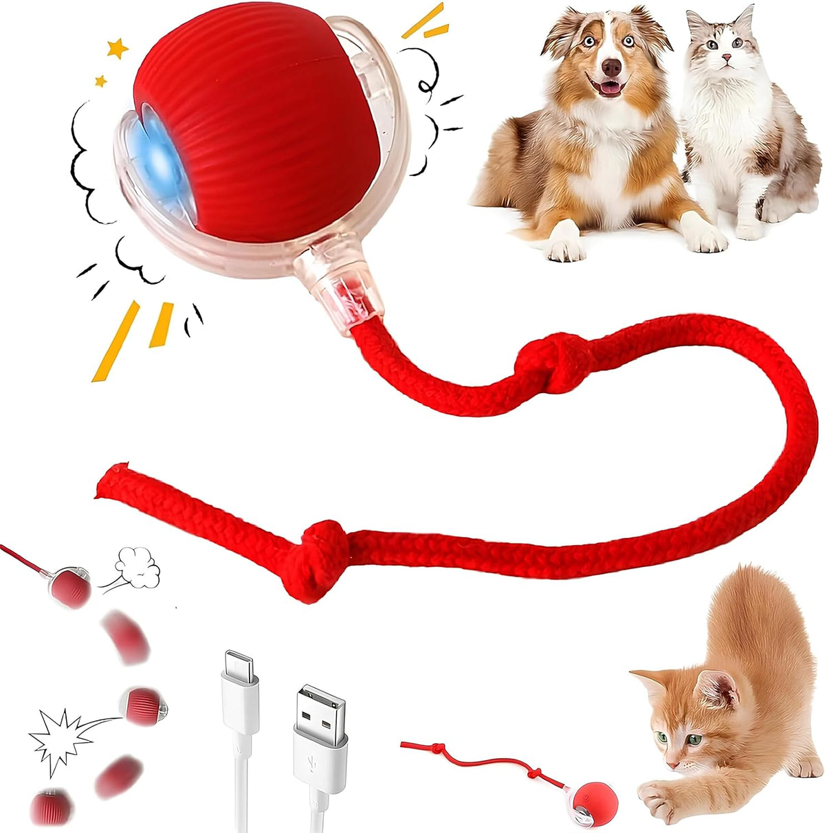 Purrmitive 2026 Durable Interactive Cat Toys for Indoor Cats, Dog Toys Ball, Rolling Pet Ball, Smart Automatic Cat Chase Balls Toy, Interactive Dog Toys Speedy Tail,Kitten & Cat Toys Interactive (Red)
