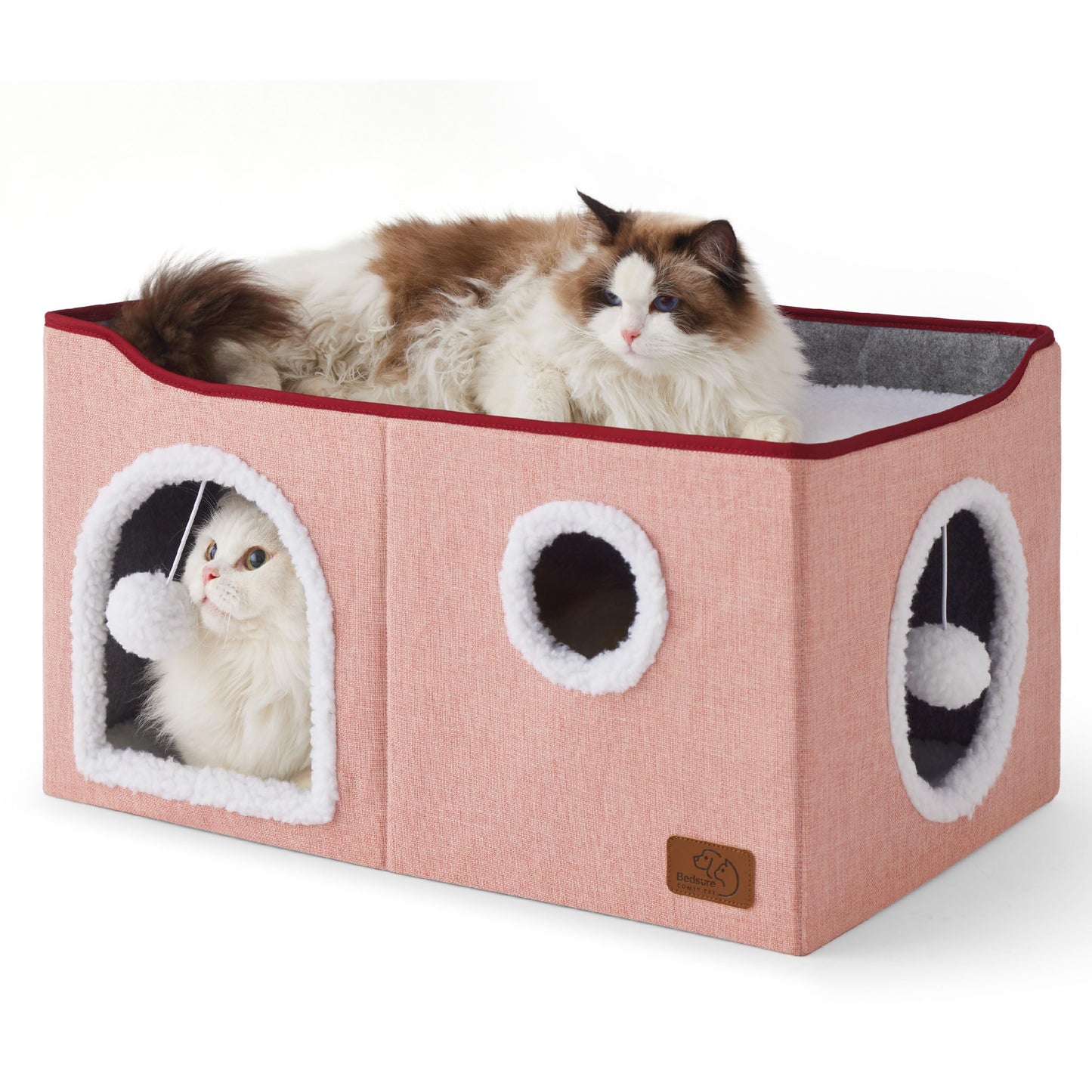 Bedsure Cat House Bed for Indoor Cats with Fluffy Ball and Scratch Pad,Grey | 16.5x16.5x13 in,Large cat cave for multiple pets,Foldable cat hideway cube for sleeping kitten