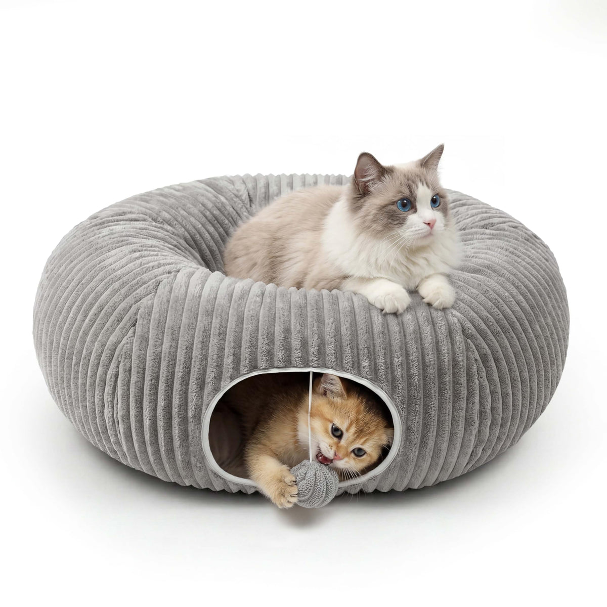 Cat Tunnel Bed with 40 Pcs Interactive Cat Toys, Cat Tube with Kitten Toys for Indoor Kittens, Collapsible Play Tunnel, White