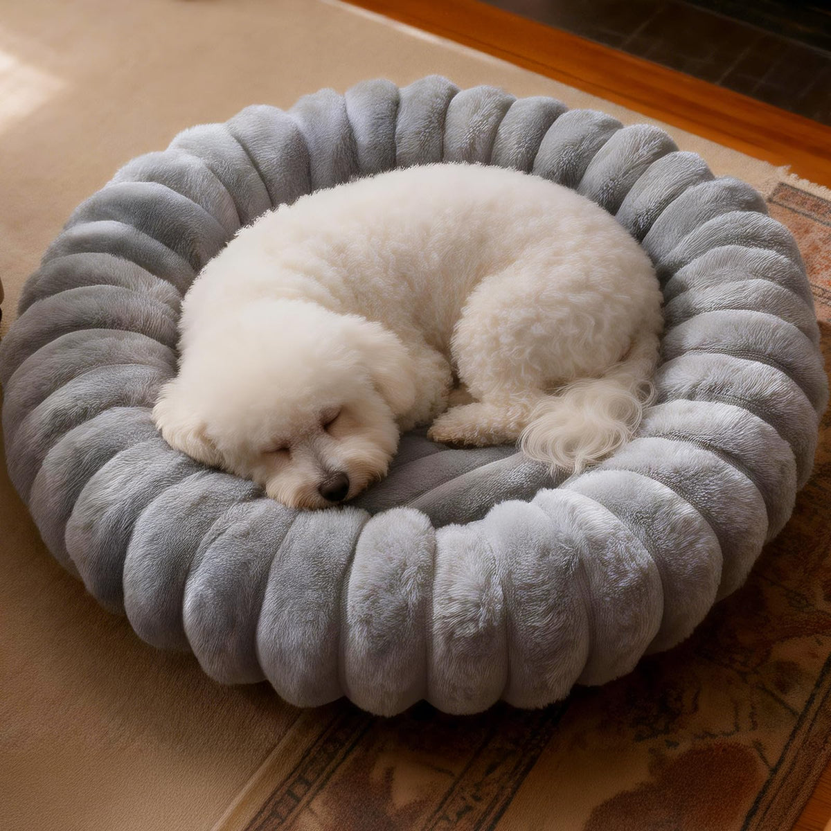 Donut Dog and Cat Bed, Luxurious Comfortable Faux Rabbit Fur Pet Beds, Round Anti-Anxiety Calming Puppy Kitten Bed with Anti-Slip Bottom for Small Medium Dogs & Cats(20", White)