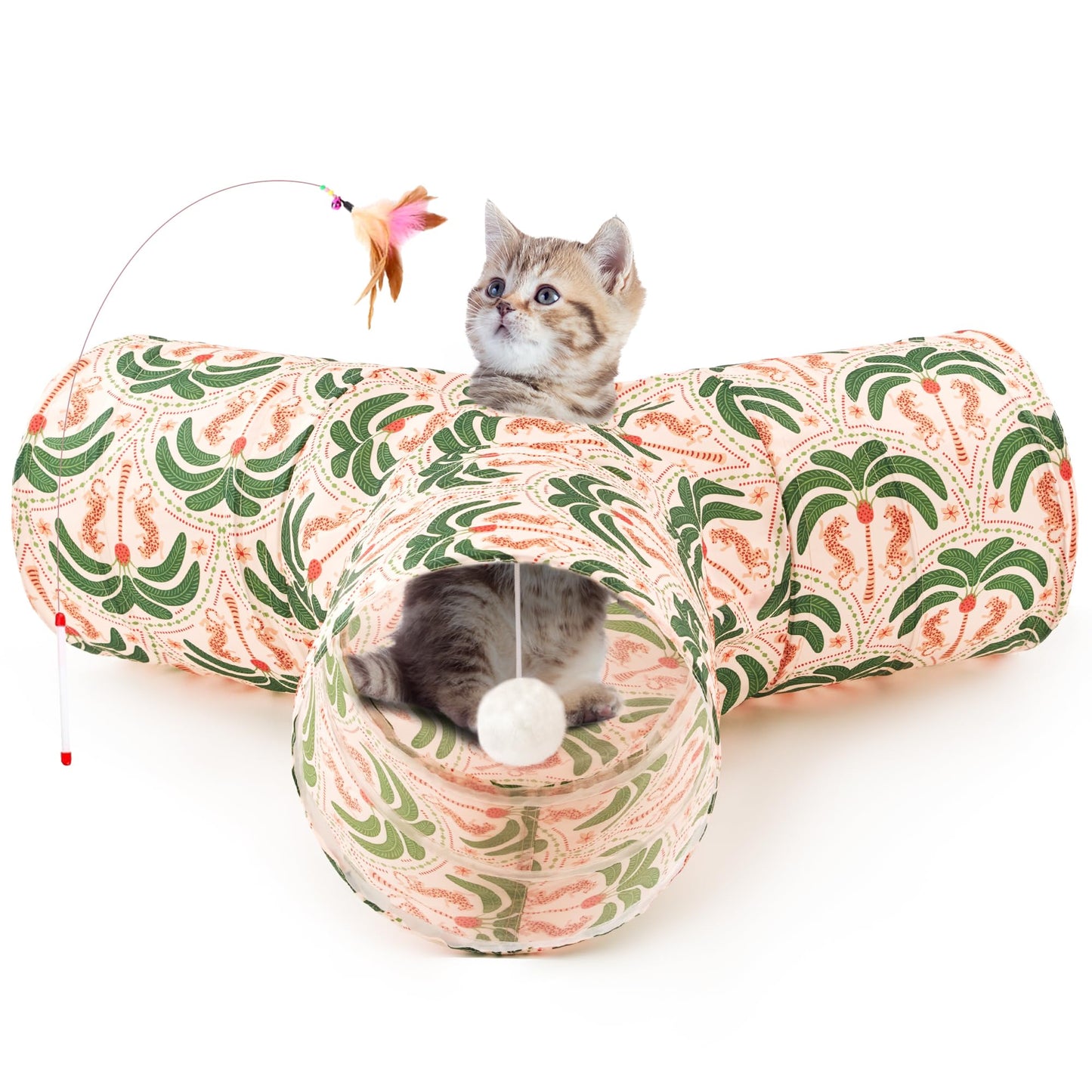 Tempcore Pet Cat Tunnel Tube Toys 3 Way Collapsible, Tunnels for Indoor Cats, Interactive Tube with Teaser Wand, Peek Holes & Hanging Ball, Black & Blue
