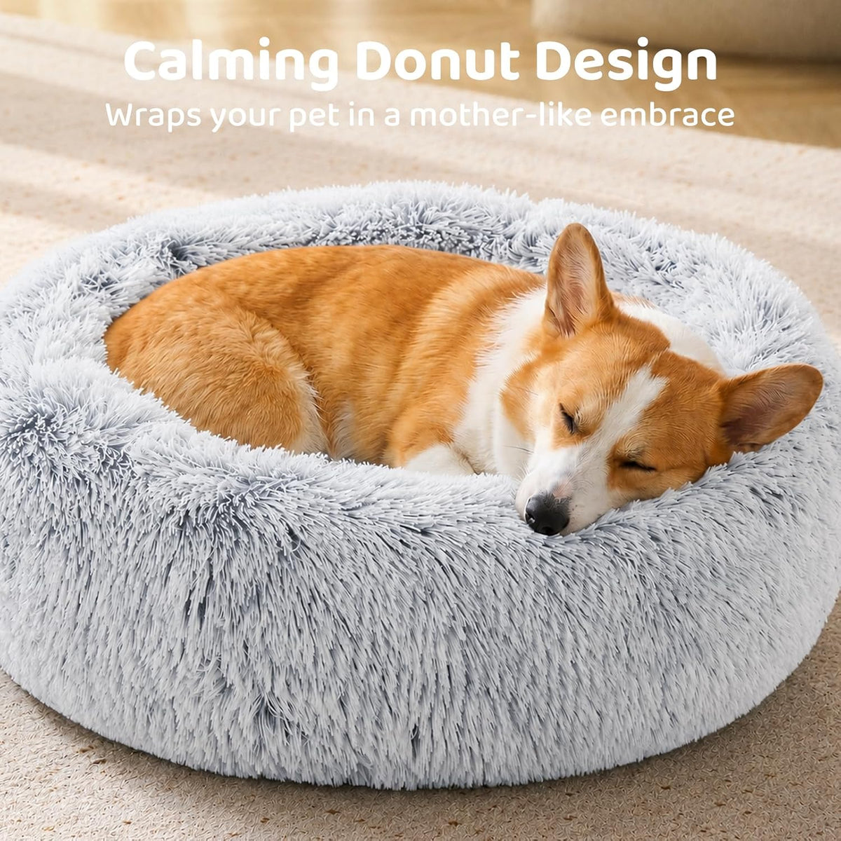 JOLLYVOGUE Small Dog Bed, Calming Soft Anti-Anxiety Donut Cat Bed, Washable Round Fluffy Cushion for Small and Medium Pets (20")