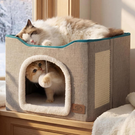 Bedsure Cat House Bed for Indoor Cats with Fluffy Ball and Scratch Pad,Grey | 16.5x16.5x13 in,Large cat cave for multiple pets,Foldable cat hideway cube for sleeping kitten