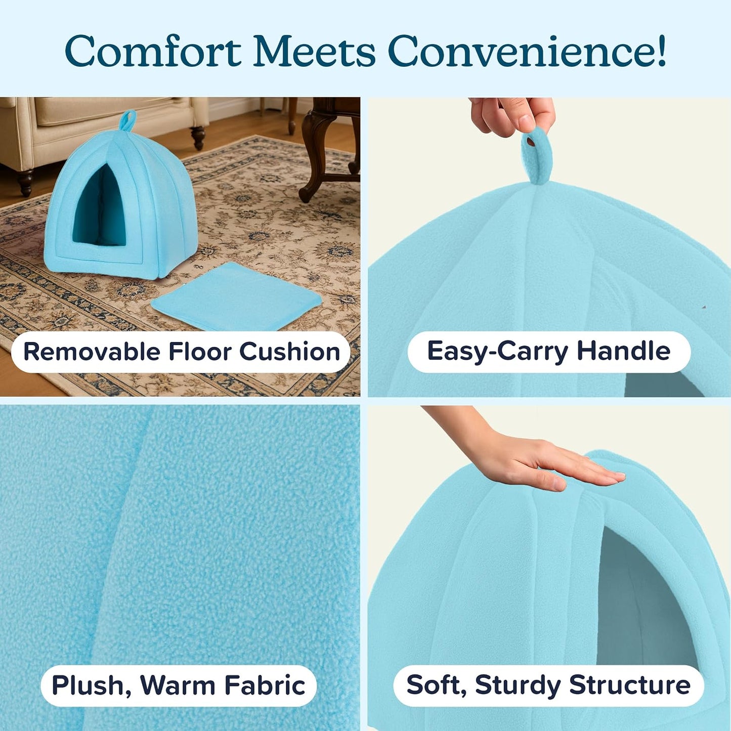 Cat House Indoor Cat Bed with Removable Foam Cushion, Plush Cat Tent Bed for Small Pets, Comfortable Cozy Hideaway for Cats, Kittens, Rabbits, Guinea Pigs, Ferrets, Hedgehogs, by PETMAKER (Blue)