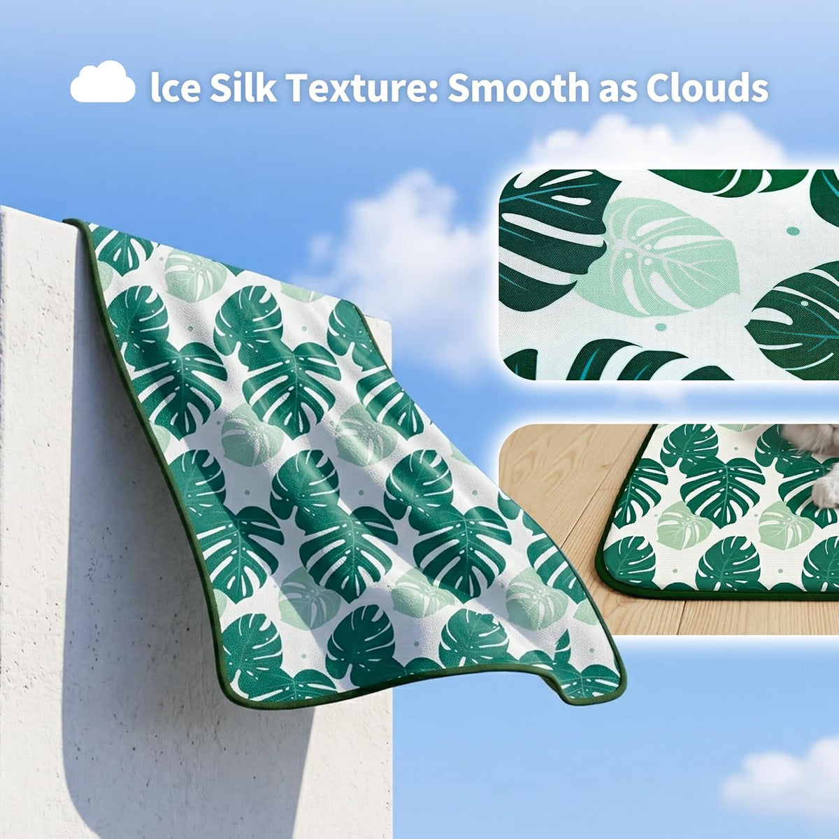 NWK Pet Cooling Mat -Q-Max>0.345 Ice Silk Cooling Mat for Dogs & Cats Portable & Washable Pet Cooling Blanket, Car Seats, Beds for Summer (Green Leaf, 20'' X 16'' X 0.3'')