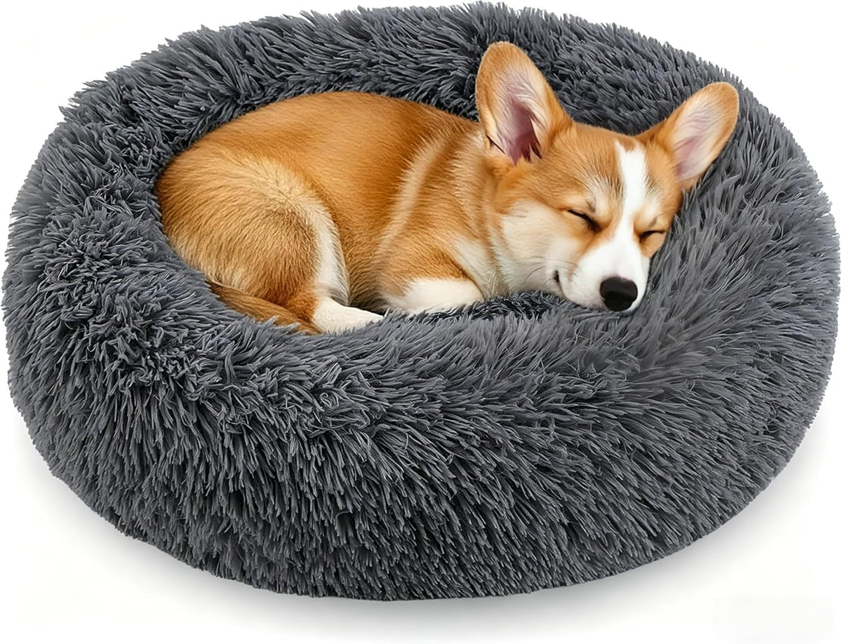Calming Donut Dog and Cat Bed for Indoor Cats, Anti-Anxiety Round Fluffy Soft Washable Small Pet Bed for Puppy and Kitten, Warming Comfortable Luxury Anti-Slip Waterproof Mute Base 20in Gray