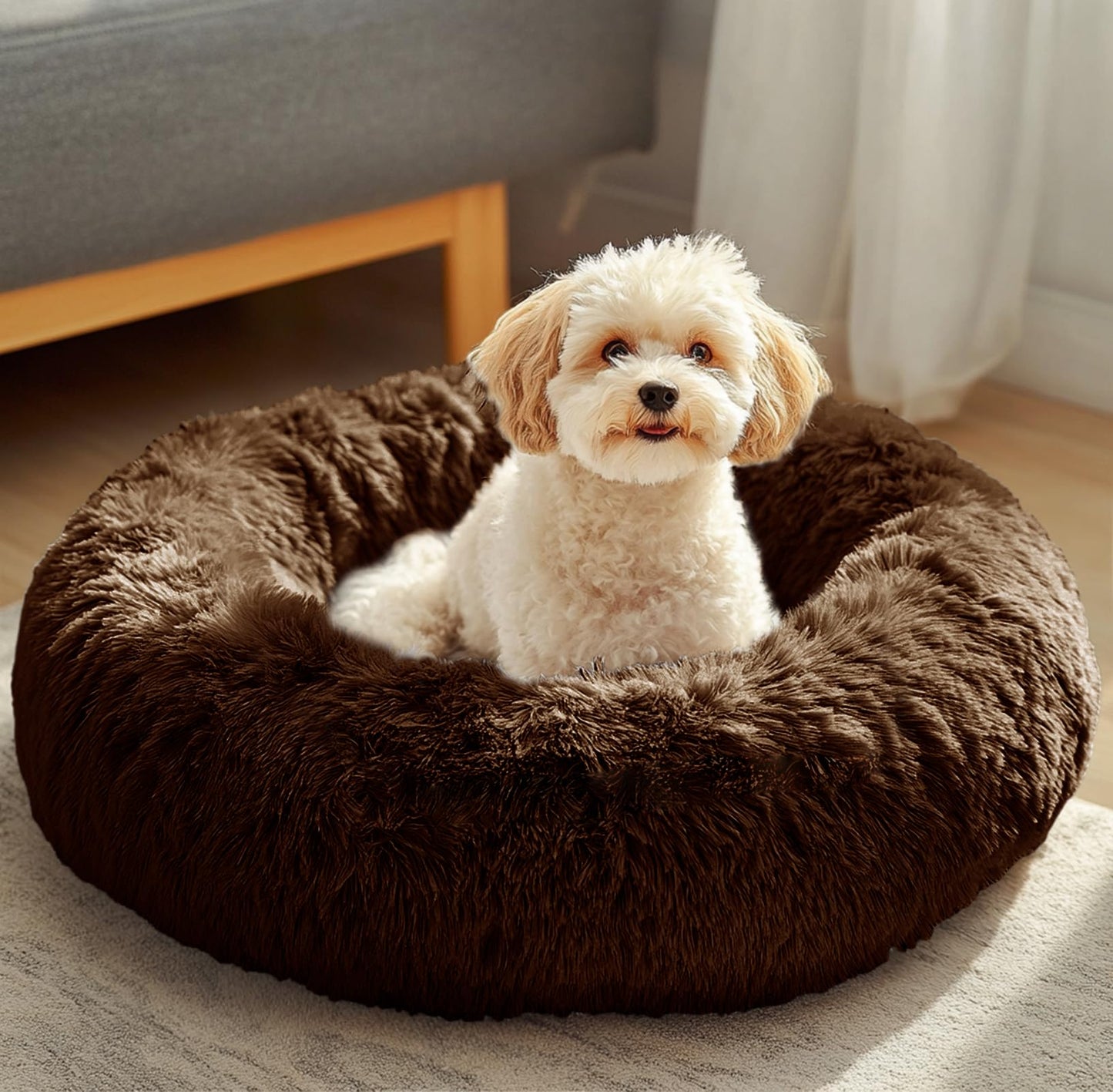 JOLLYVOGUE Small Dog Bed, Calming Soft Anti-Anxiety Donut Cat Bed, Washable Round Fluffy Cushion for Small and Medium Pets (20")