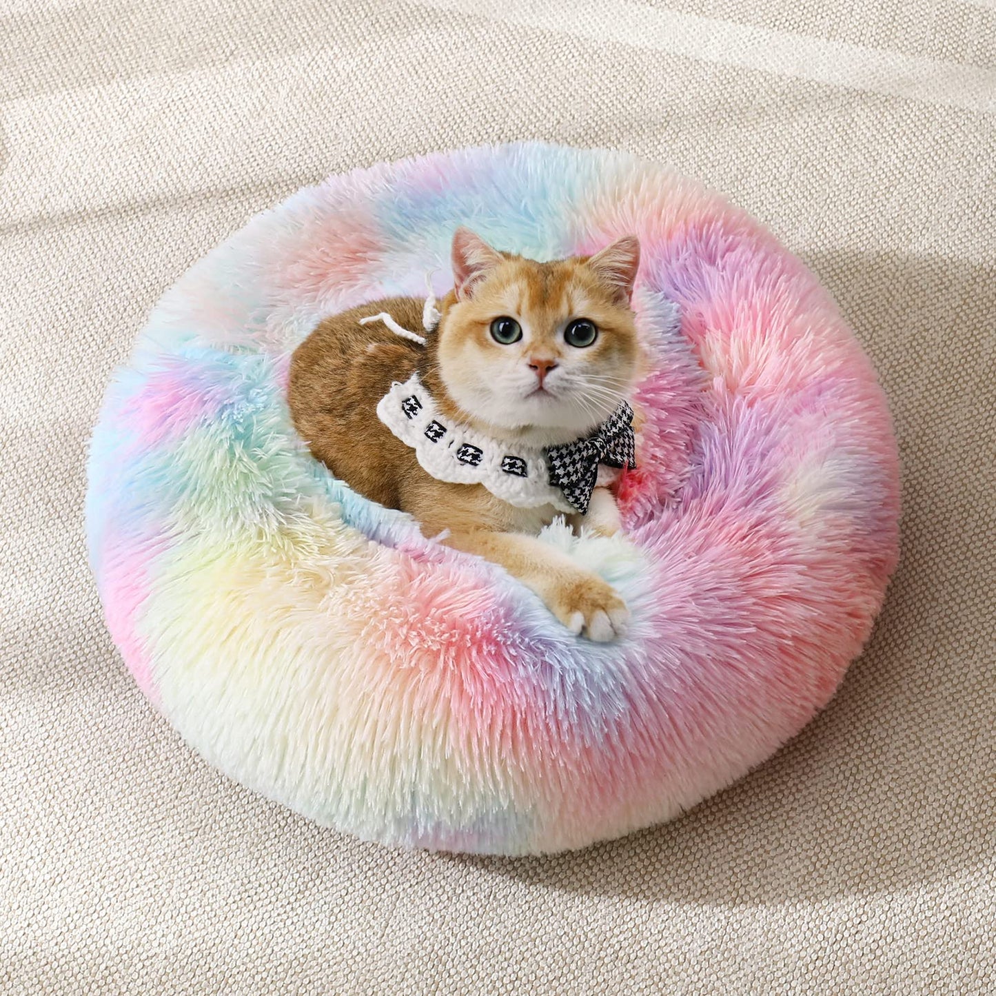 JOLLYVOGUE Small Dog Bed, Calming Soft Anti-Anxiety Donut Cat Bed, Washable Round Fluffy Cushion for Small and Medium Pets (20")