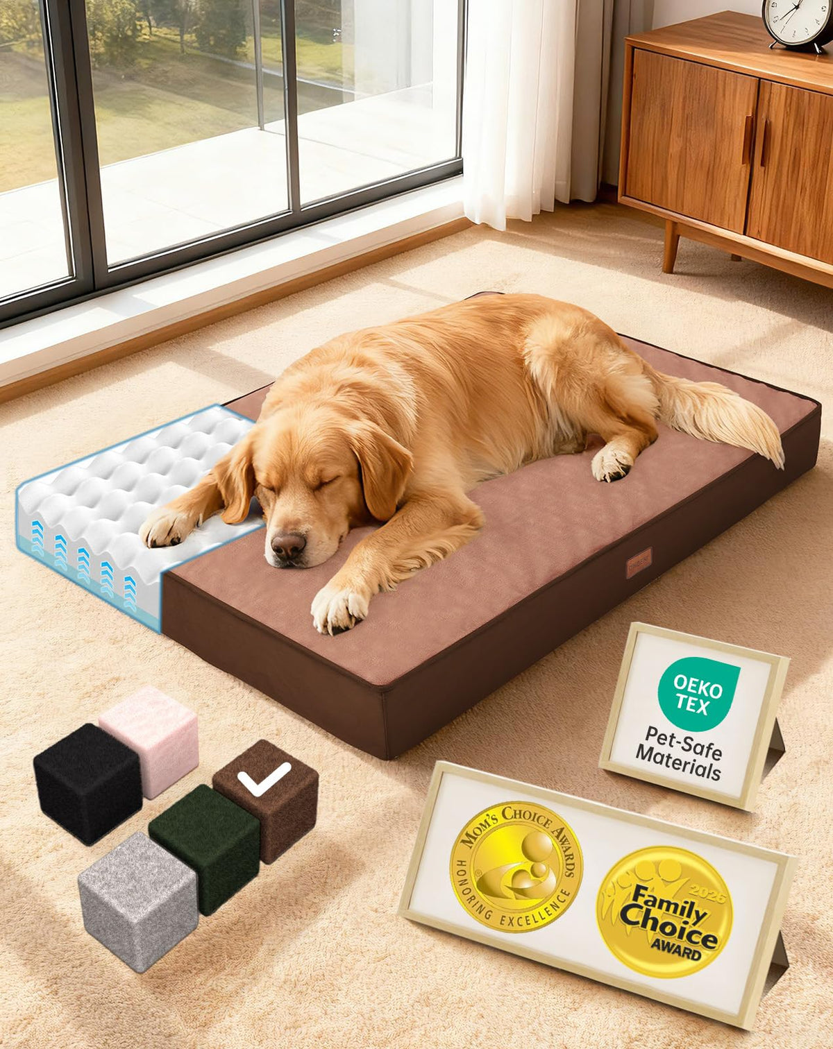 OhGeni Orthopedic Waterproof Dog Bed for Extra Large Dogs, Machine-Washable Removable Cover in Easy-Clean Fabric, Reversible Memory Foam & Easy-Carry Handle, Suitable for Crate, 41 inch (Gray)