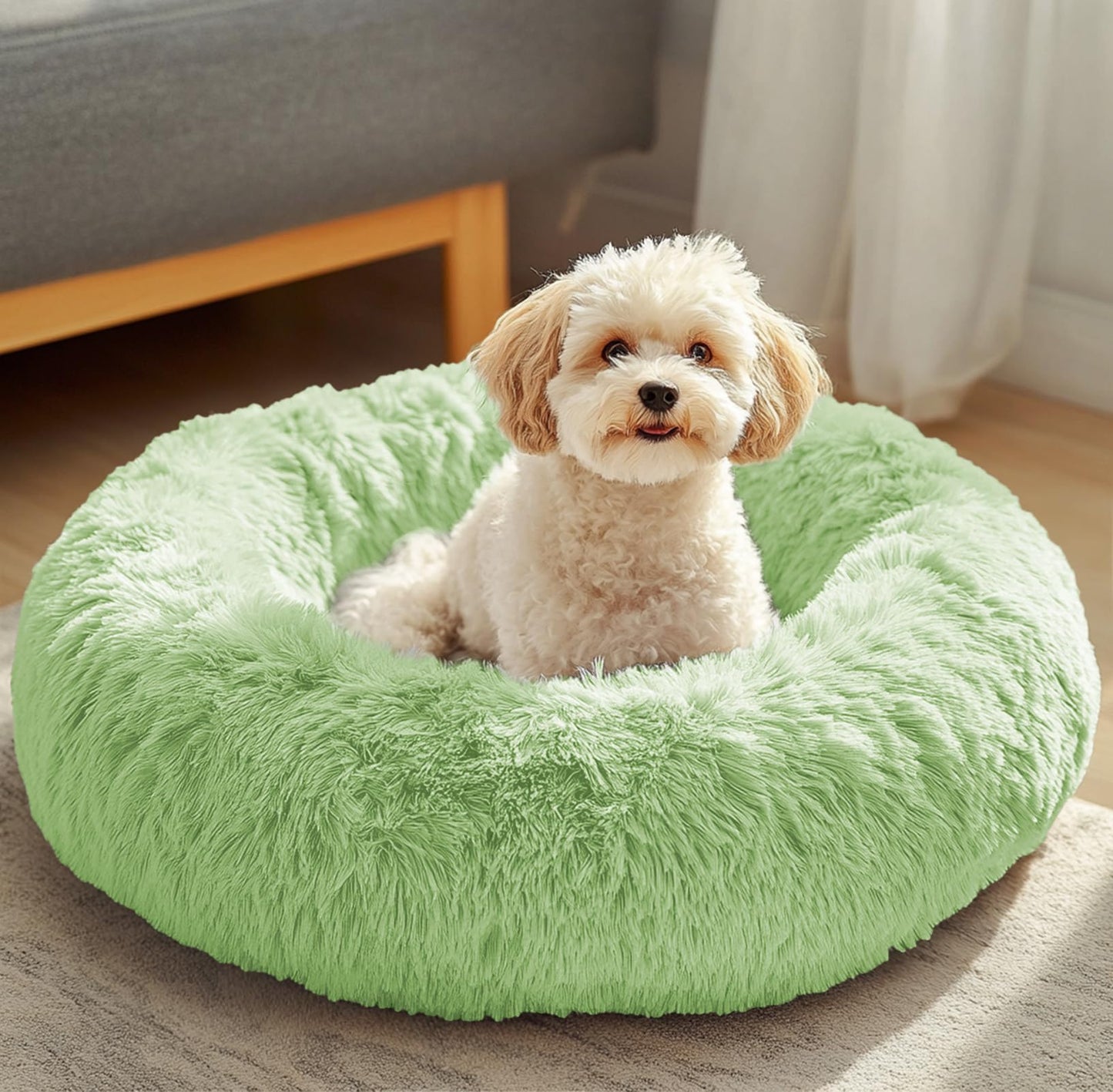 JOLLYVOGUE Small Dog Bed, Calming Soft Anti-Anxiety Donut Cat Bed, Washable Round Fluffy Cushion for Small and Medium Pets (20")