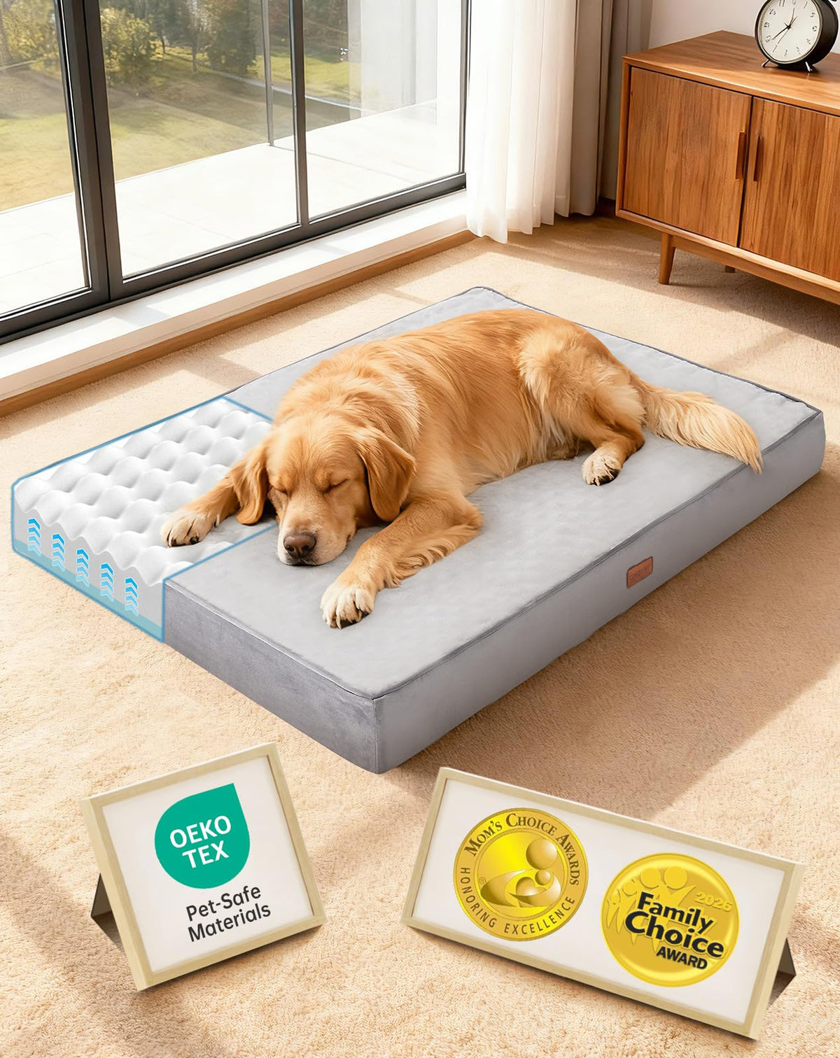 OhGeni Orthopedic Waterproof Dog Bed for Extra Large Dogs, Machine-Washable Removable Cover in Easy-Clean Fabric, Reversible Memory Foam & Easy-Carry Handle, Suitable for Crate, 41 inch (Gray)