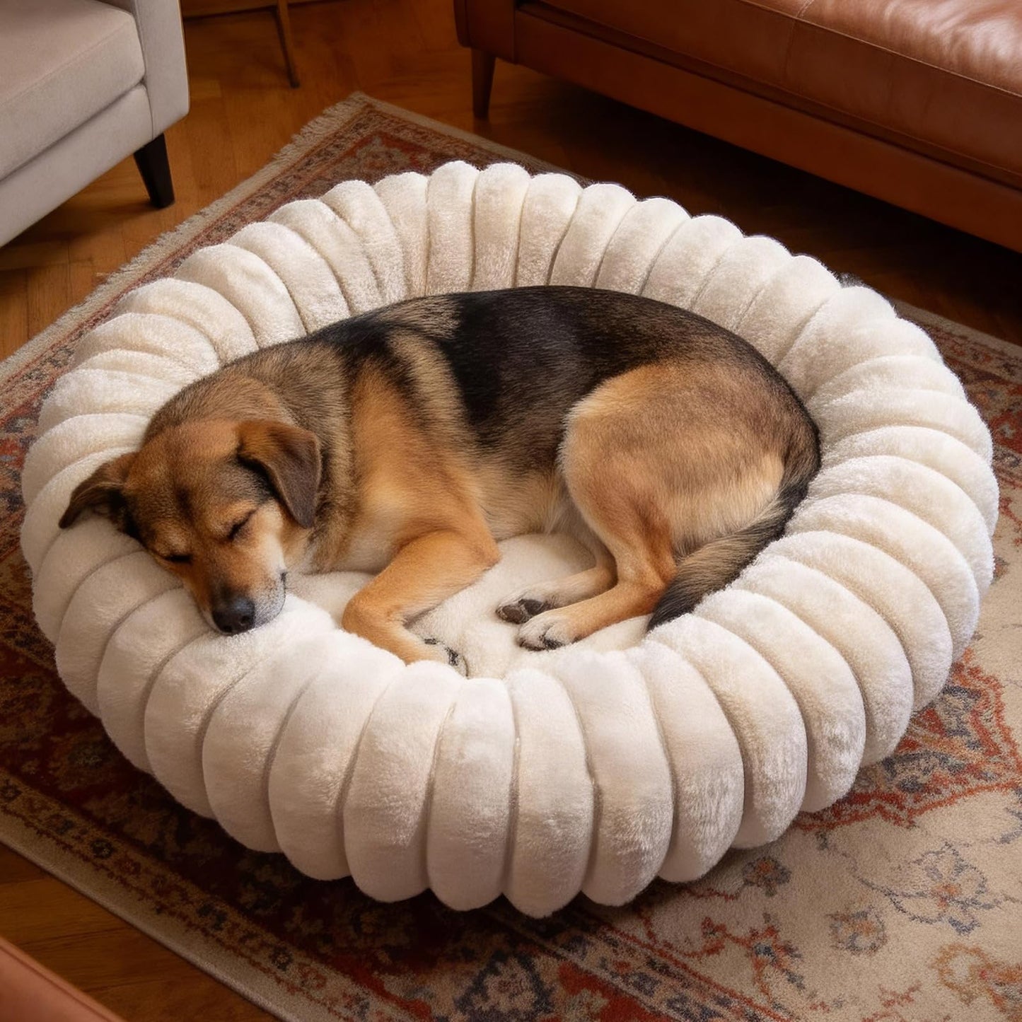 Donut Dog and Cat Bed, Luxurious Comfortable Faux Rabbit Fur Pet Beds, Round Anti-Anxiety Calming Puppy Kitten Bed with Anti-Slip Bottom for Small Medium Dogs & Cats(20", White)