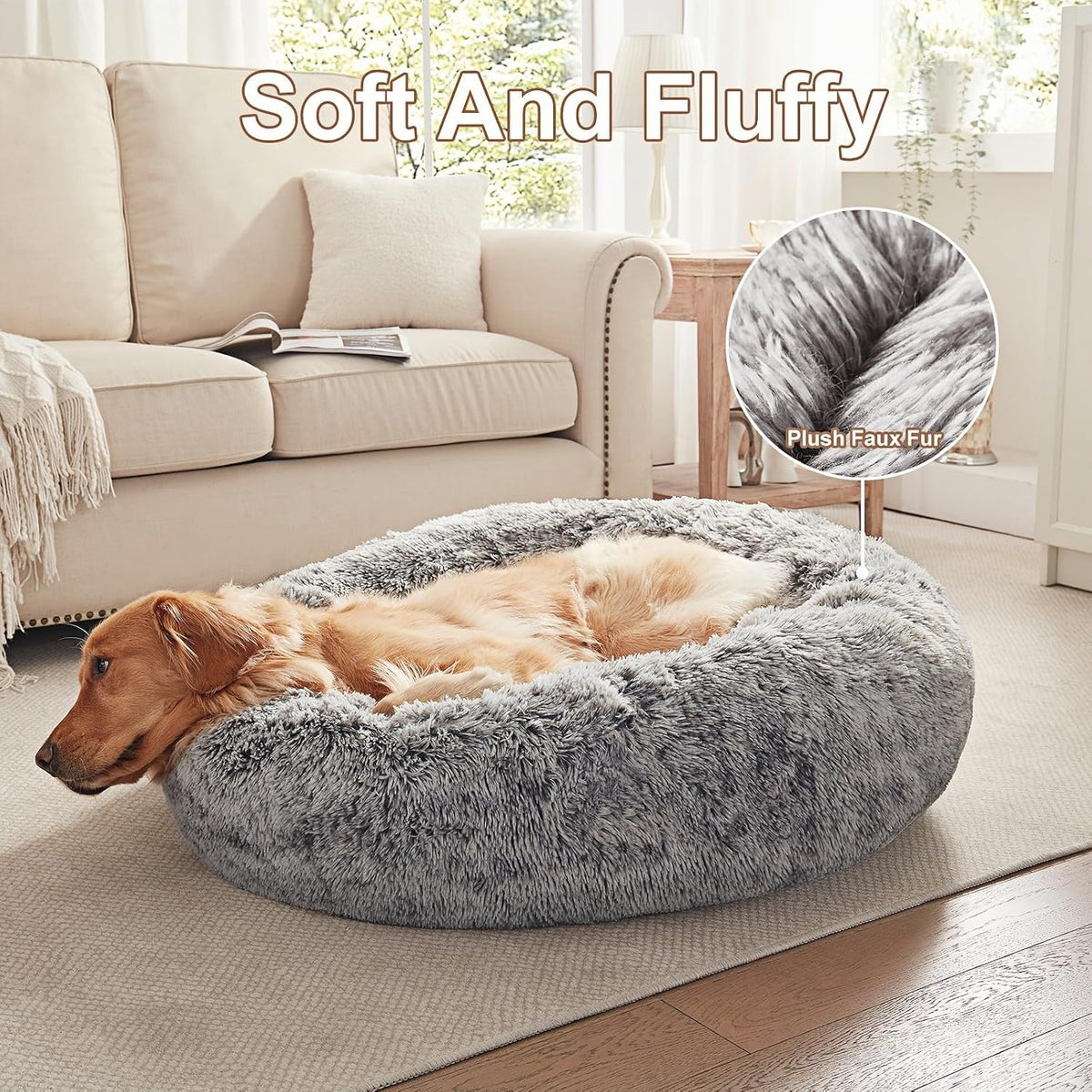 36 inches Donut Dog Bed for Large Dogs - Calming Fluffy Round Pet Bed with Removable & Washable Cover,Fits up to 80 lbs Pets (Dark Grey,Large)