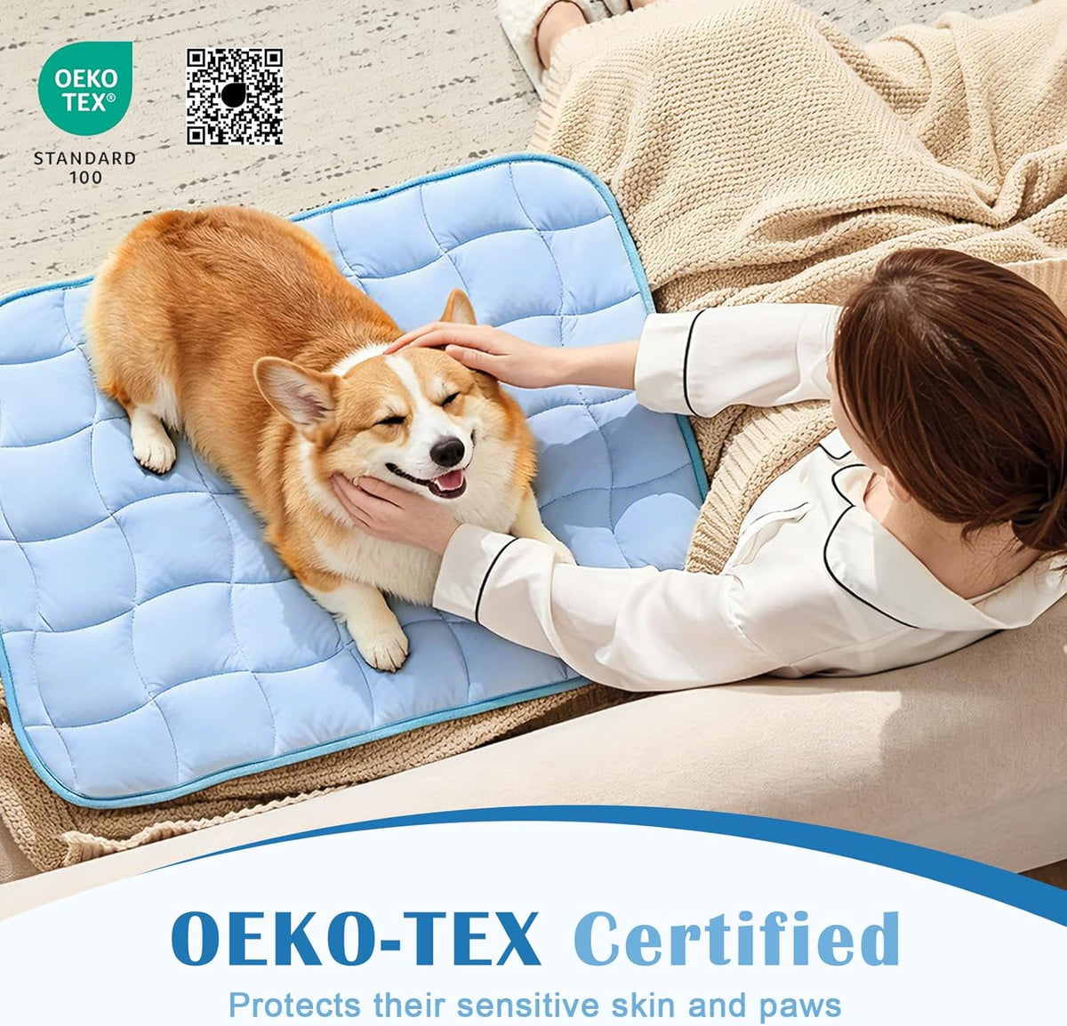 JOLLYVOGUE Cooling Mat for Dogs, 44" x 32" - X-Large Dog Cooling Pad, Wavy Quilted Kennels Bed with Non-Slip Base, Machine Washable Indoor Outdoor Summer Sleeping Dog Mat, Blue