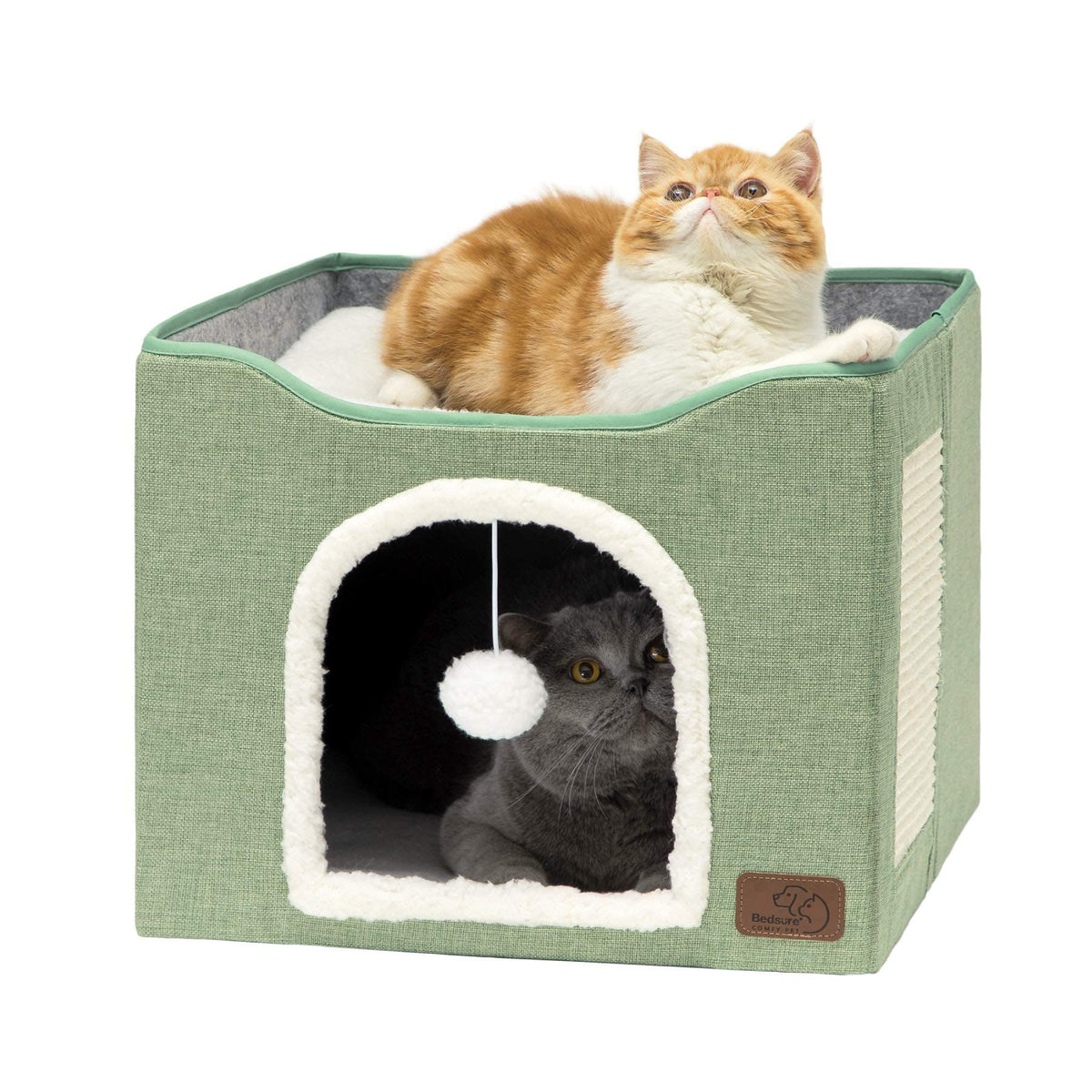 Bedsure Cat House Bed for Indoor Cats with Fluffy Ball and Scratch Pad,Grey | 16.5x16.5x13 in,Large cat cave for multiple pets,Foldable cat hideway cube for sleeping kitten