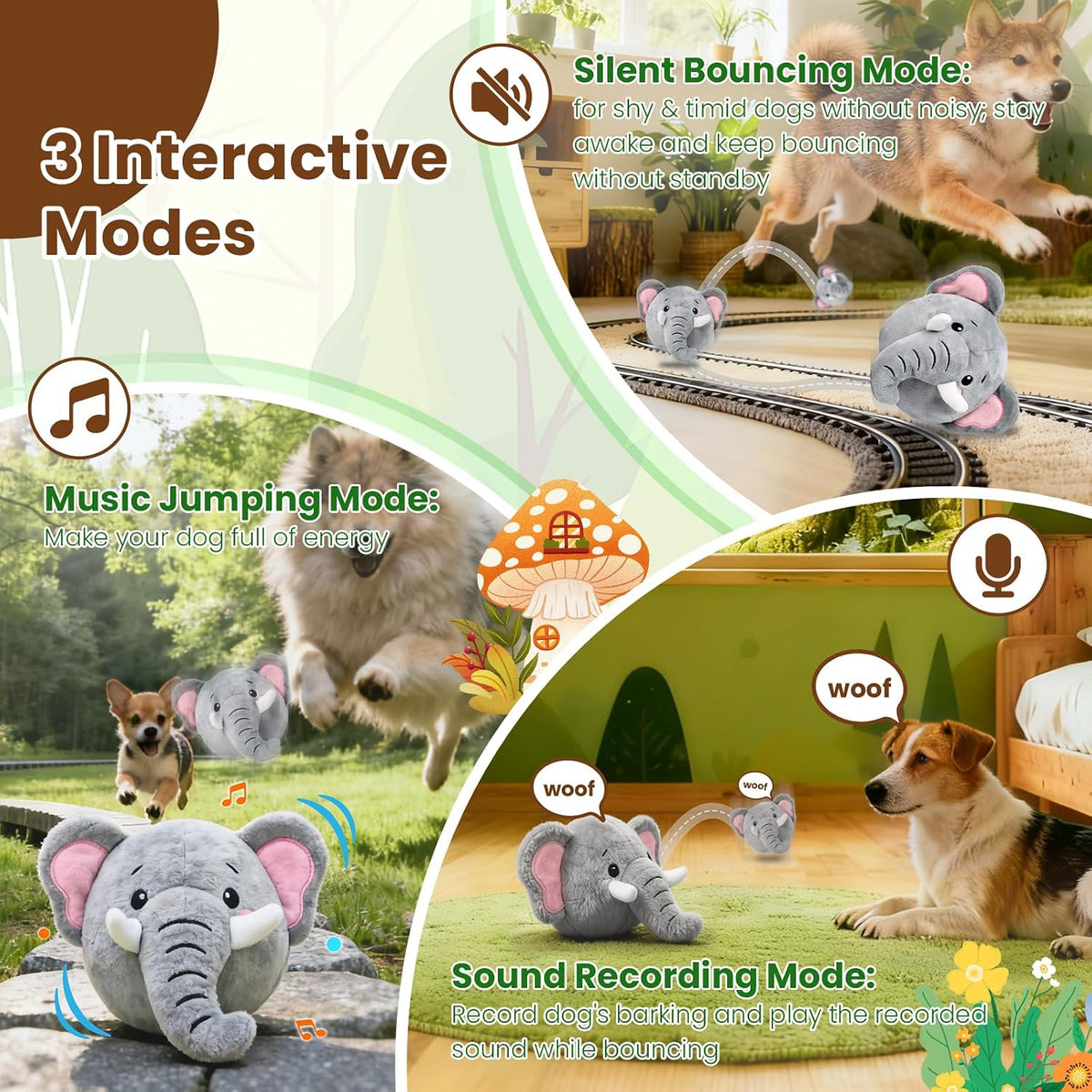 Interactive Dog Toys, Self Moving Dog Toy with Squeaky Bouncing Ball & Jumping Music Recording Mode, Rechargeable Vibrating Dogs Toy for Small Medium Large Dogs to Keep Them Busy (Elephant)