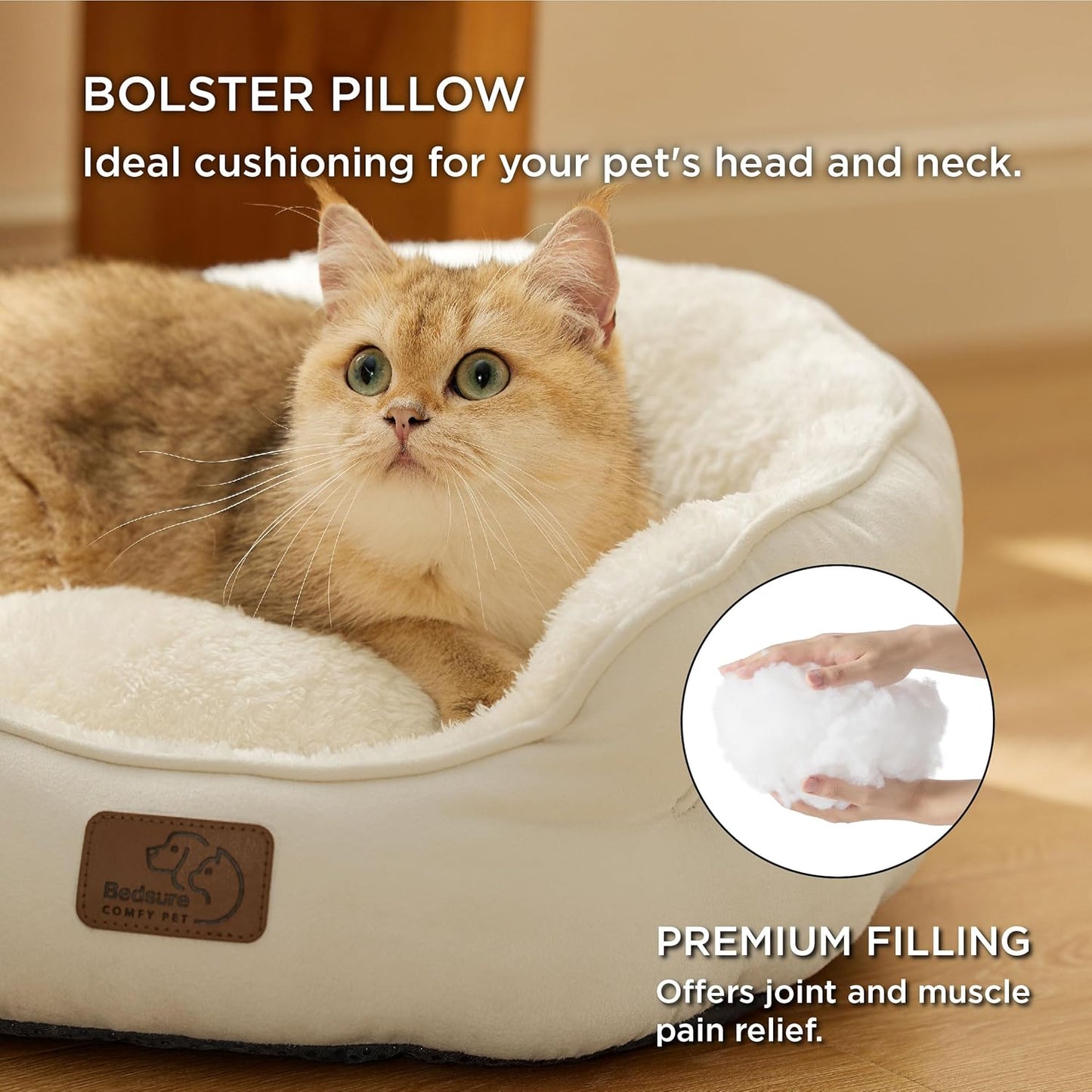 Bedsure Small Dog Bed Washable,Round Cat Beds for Indoor Cats,20in Ivory | Soft plush pet bed,dog beds for small dogs for puppy and kittens,Anti-Slip bottom,easy to clean