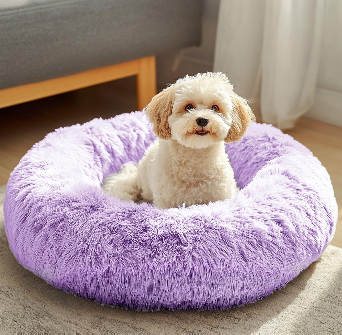 JOLLYVOGUE Small Dog Bed, Calming Soft Anti-Anxiety Donut Cat Bed, Washable Round Fluffy Cushion for Small and Medium Pets (20")