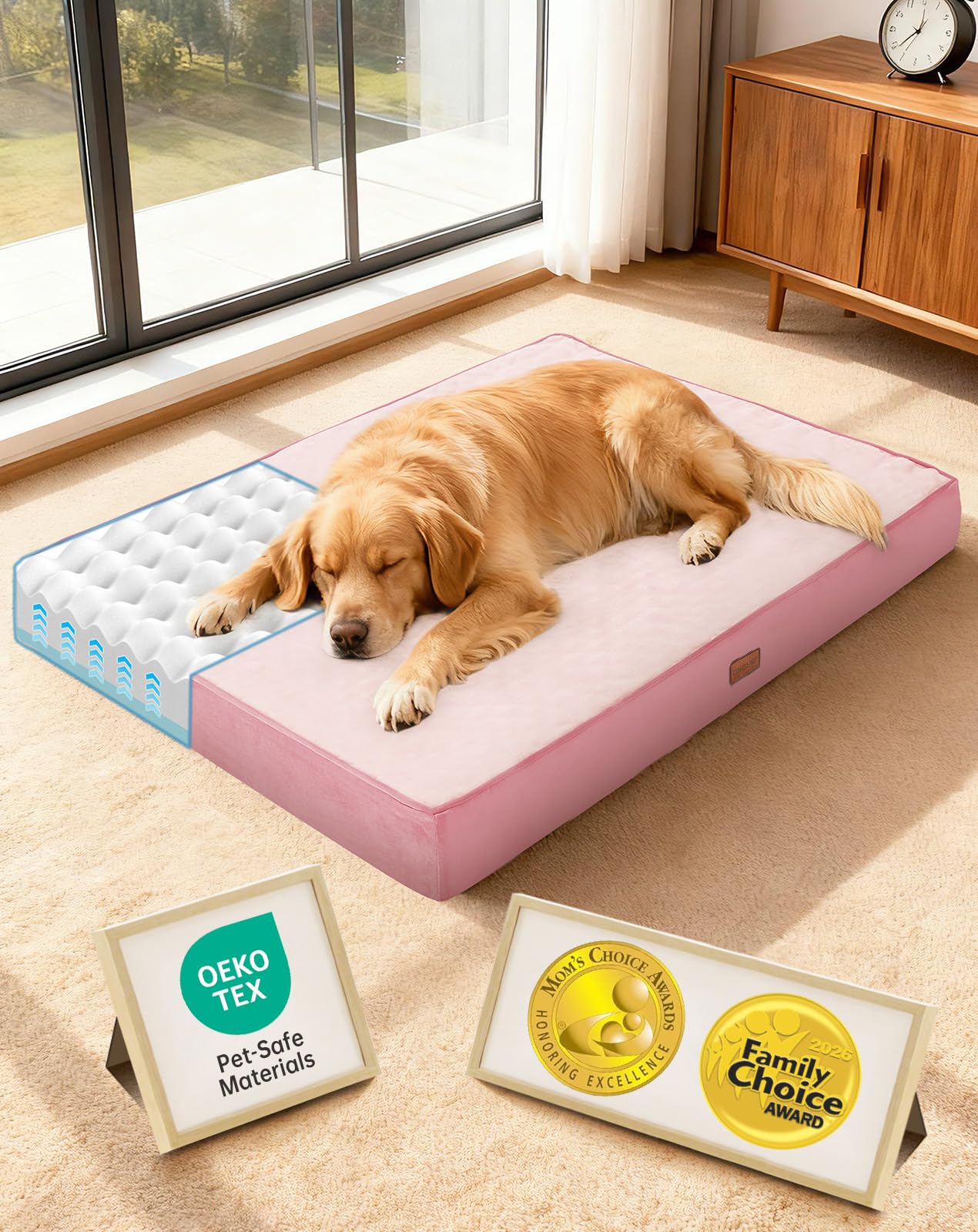 OhGeni Orthopedic Waterproof Dog Bed for Extra Large Dogs, Machine-Washable Removable Cover in Easy-Clean Fabric, Reversible Memory Foam & Easy-Carry Handle, Suitable for Crate, 41 inch (Gray)