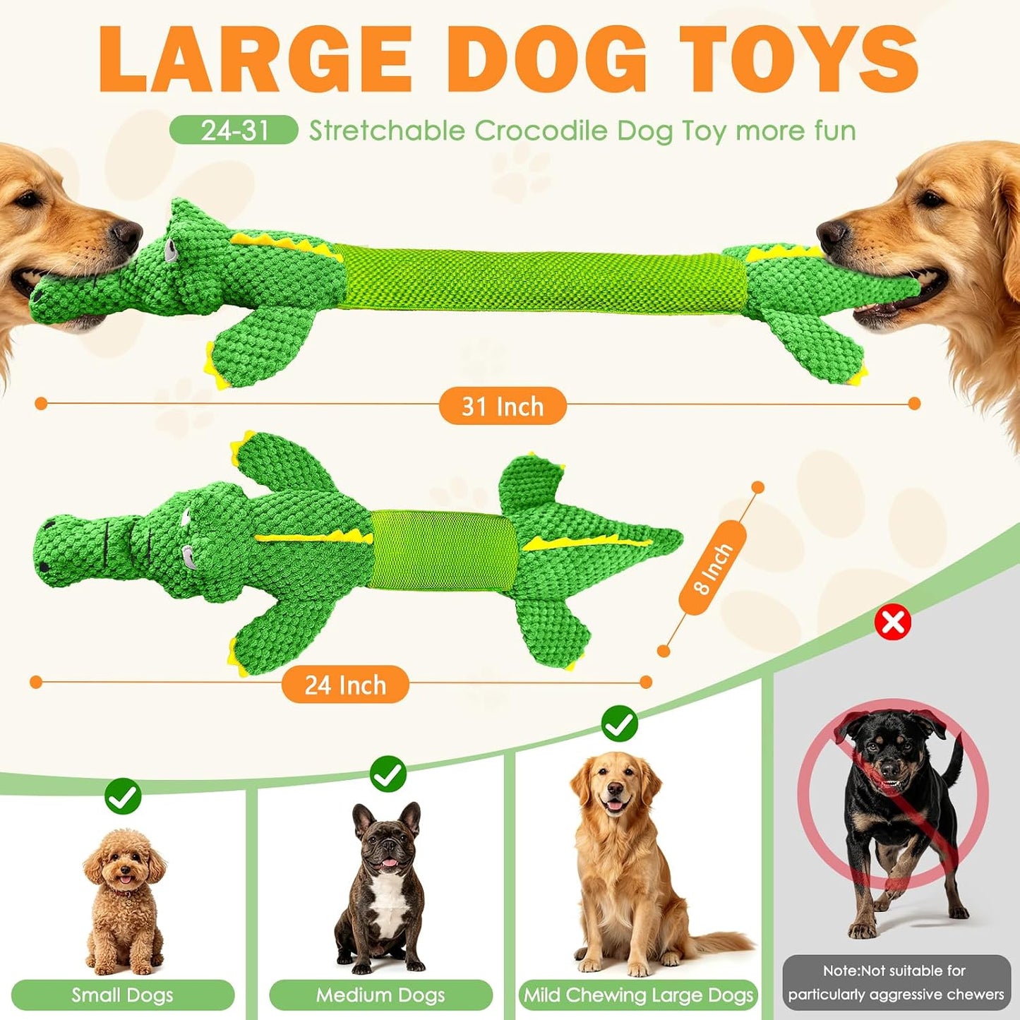 WOWBALA Dog Squeaky Toys Stretchable Crocodile for Interactive Tug of War | 24-31in Plush Chew Toy with Squeaker & Crinkle Paper, Pineapple Cotton, Ideal for Puppy Small Medium Dogs Indoor Outdoor Play