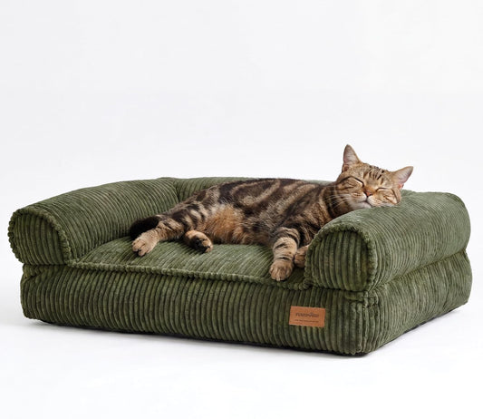 FUKUMARU Dog Couch Bed, Corduroy Cozy Cat Bed for Indoor Cats with Washable Cover, 28in Waterproof Orthopedic Dog Beds Sofa for Small Dogs and Large Cats, Cute Warm Cotton Pet Sofa, Green