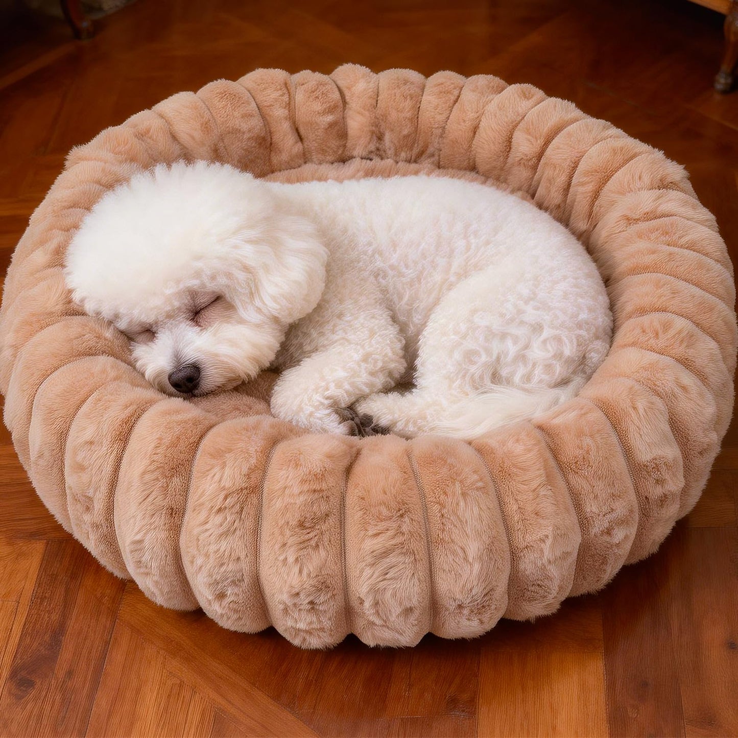 Donut Dog and Cat Bed, Luxurious Comfortable Faux Rabbit Fur Pet Beds, Round Anti-Anxiety Calming Puppy Kitten Bed with Anti-Slip Bottom for Small Medium Dogs & Cats(20", White)