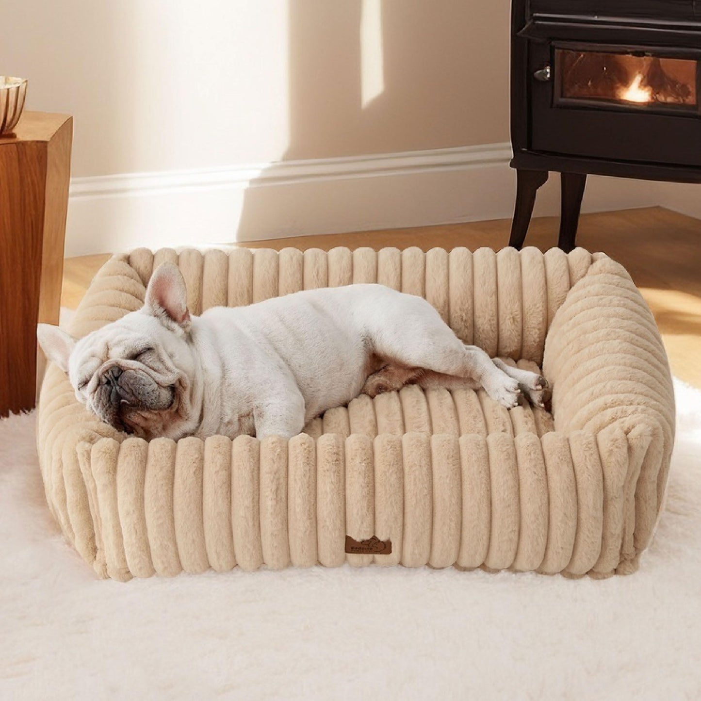 Bedsure ComfyFleece™ Cute Dog Bed for Small Medium Dogs - Washable Furry Puppy Beds, Rectangle Orthopedic Corduroy Fleece Pet Beds with Removable Zipper Cover, 25x21x7inches, Cream