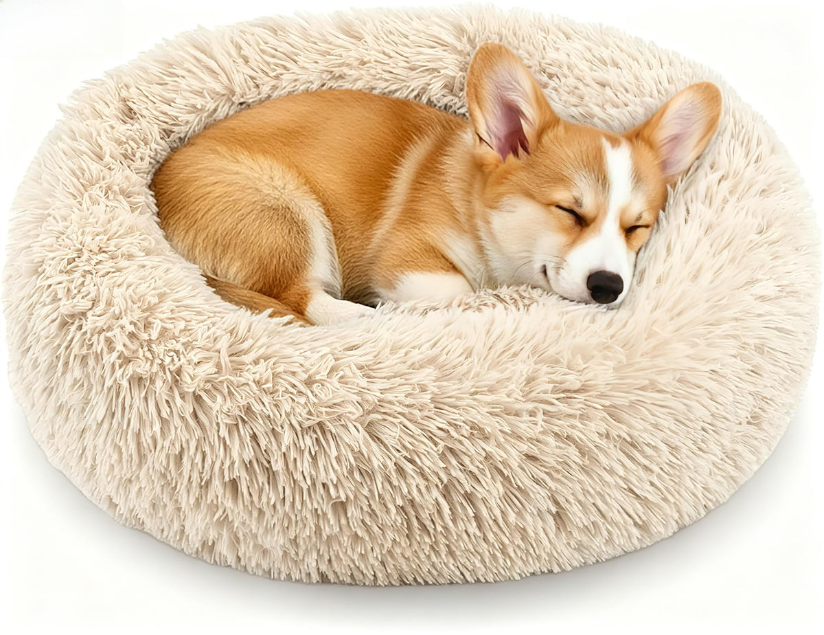 Calming Donut Dog and Cat Bed for Indoor Cats, Anti-Anxiety Round Fluffy Soft Washable Small Pet Bed for Puppy and Kitten, Warming Comfortable Luxury Anti-Slip Waterproof Mute Base 20in Gray