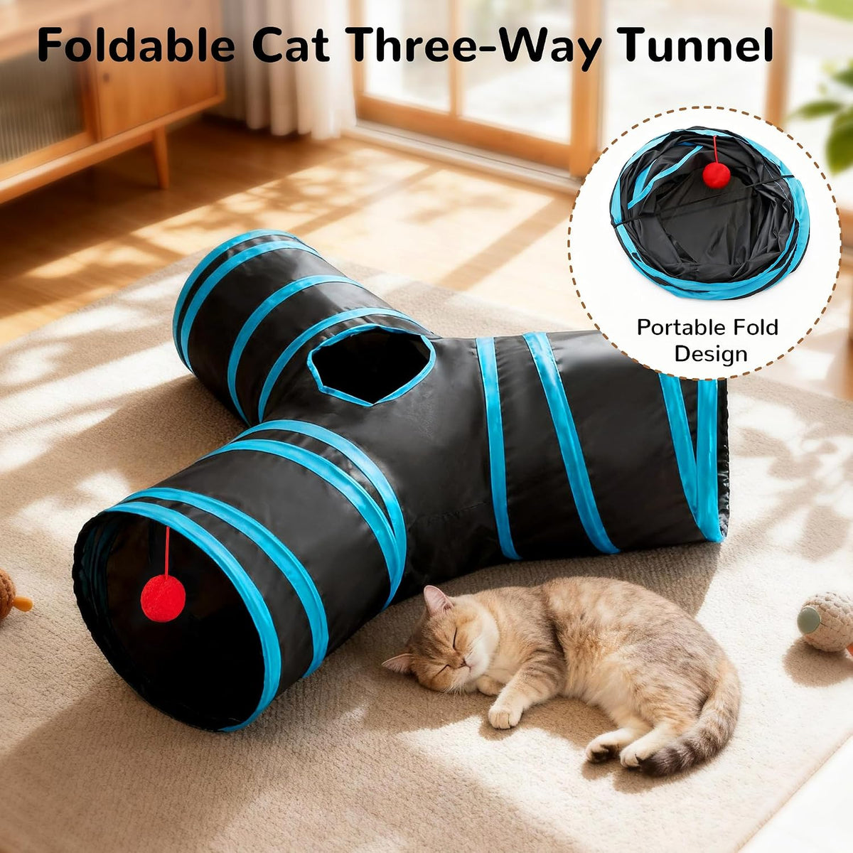 Tempcore Pet Cat Tunnel Tube Toys 3 Way Collapsible, Tunnels for Indoor Cats, Interactive Tube with Teaser Wand, Peek Holes & Hanging Ball, Black & Blue