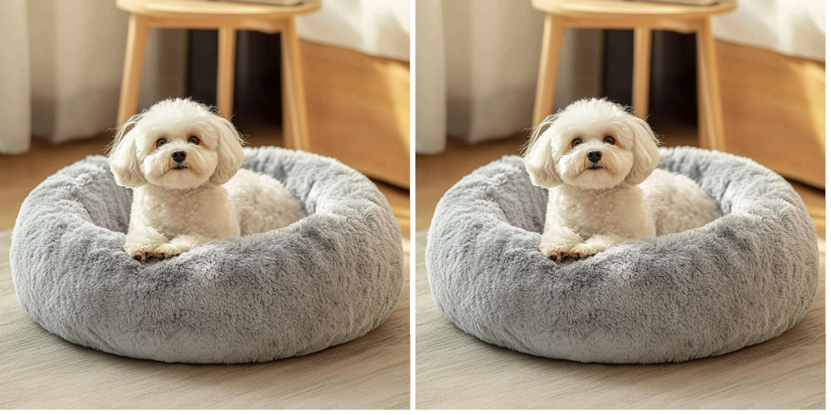 JOLLYVOGUE Small Dog Bed, Calming Soft Anti-Anxiety Donut Cat Bed, Washable Round Fluffy Cushion for Small and Medium Pets (20")