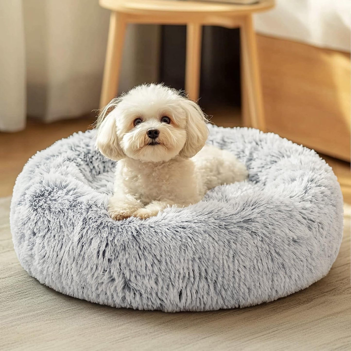 JOLLYVOGUE Small Dog Bed, Calming Soft Anti-Anxiety Donut Cat Bed, Washable Round Fluffy Cushion for Small and Medium Pets (20")