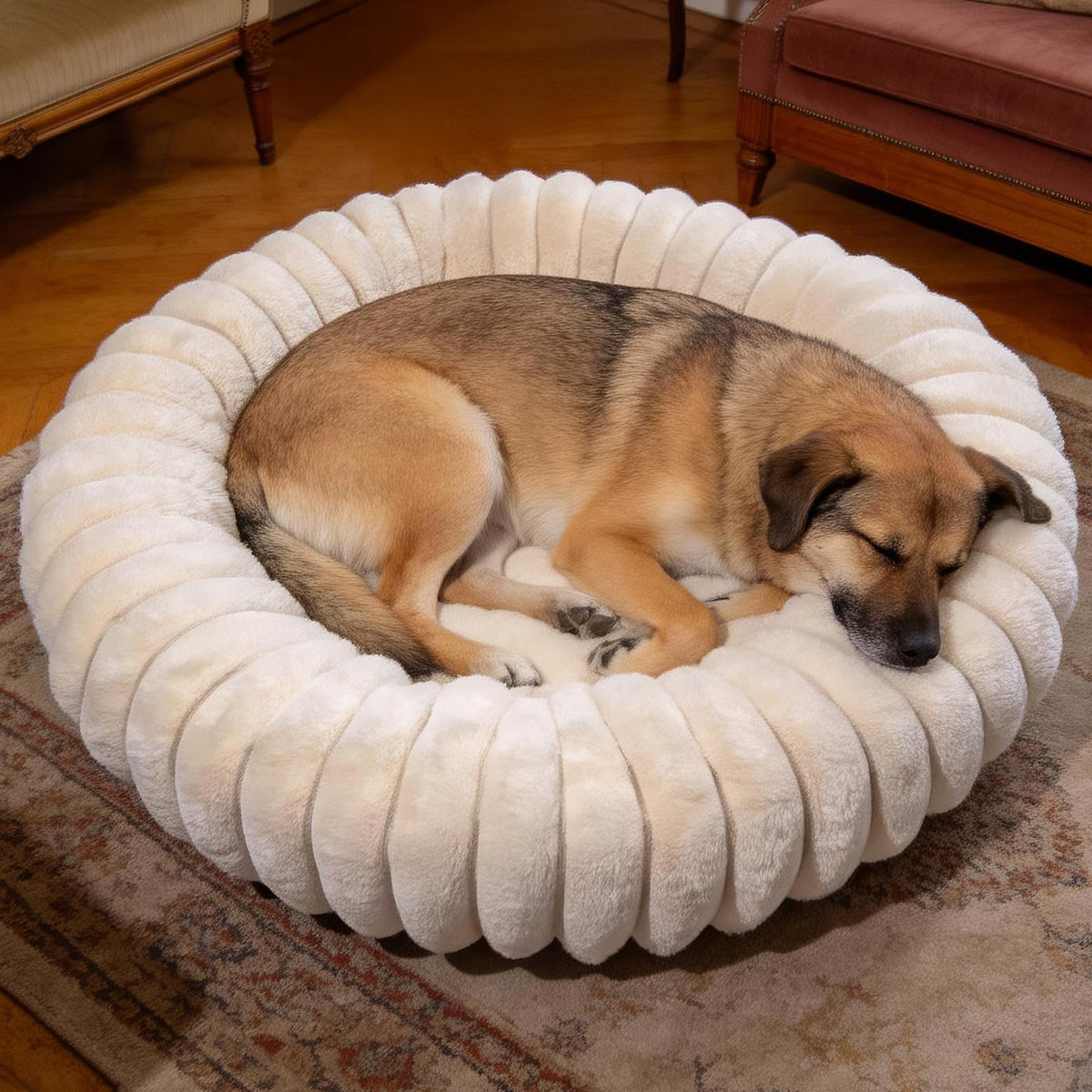 Donut Dog and Cat Bed, Luxurious Comfortable Faux Rabbit Fur Pet Beds, Round Anti-Anxiety Calming Puppy Kitten Bed with Anti-Slip Bottom for Small Medium Dogs & Cats(20", White)