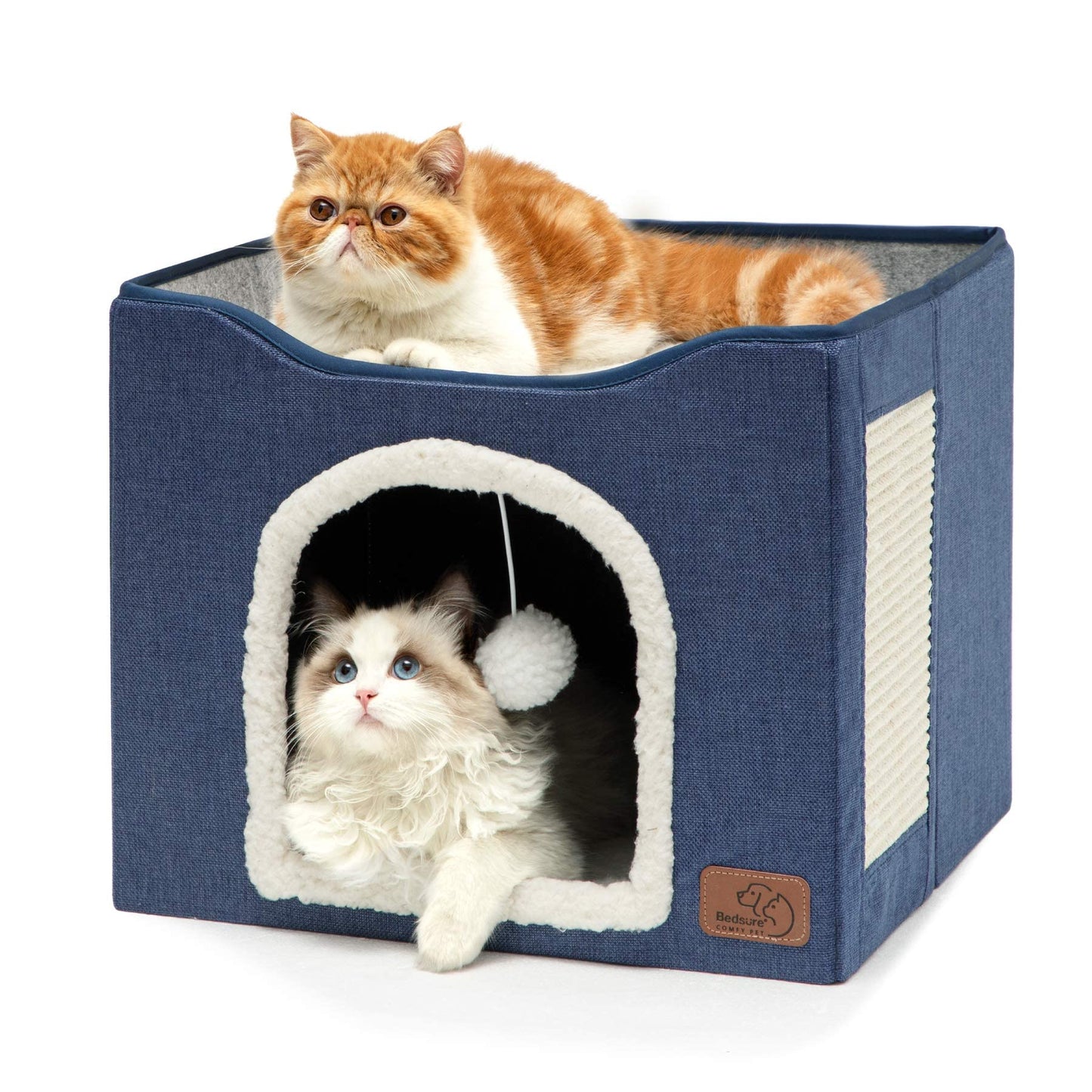 Bedsure Cat House Bed for Indoor Cats with Fluffy Ball and Scratch Pad,Grey | 16.5x16.5x13 in,Large cat cave for multiple pets,Foldable cat hideway cube for sleeping kitten