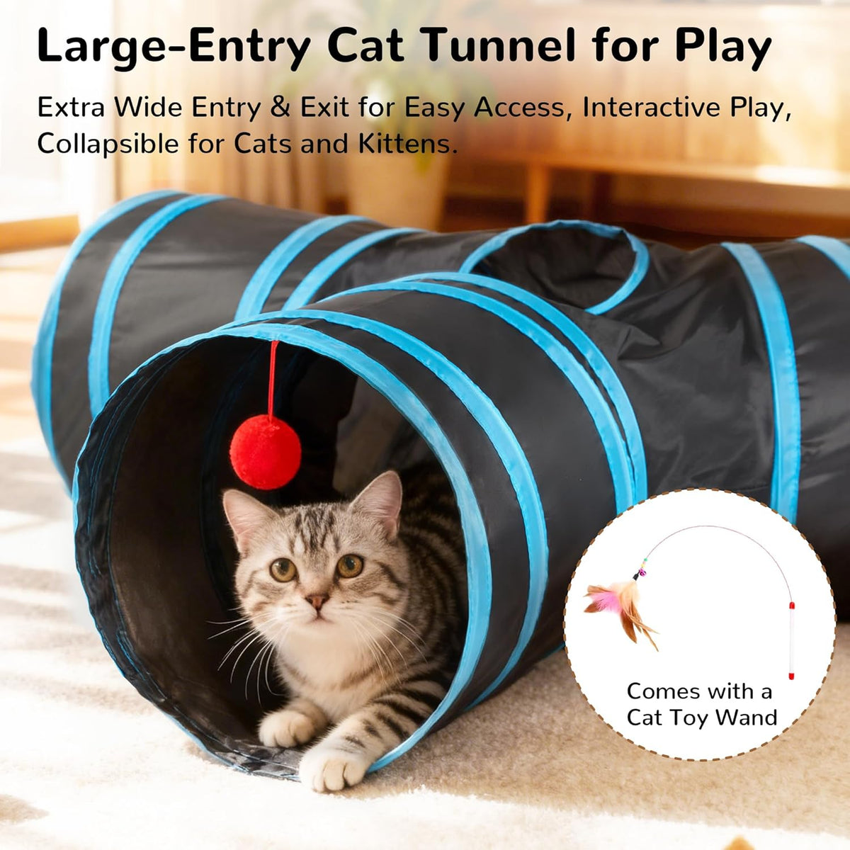 Tempcore Pet Cat Tunnel Tube Toys 3 Way Collapsible, Tunnels for Indoor Cats, Interactive Tube with Teaser Wand, Peek Holes & Hanging Ball, Black & Blue