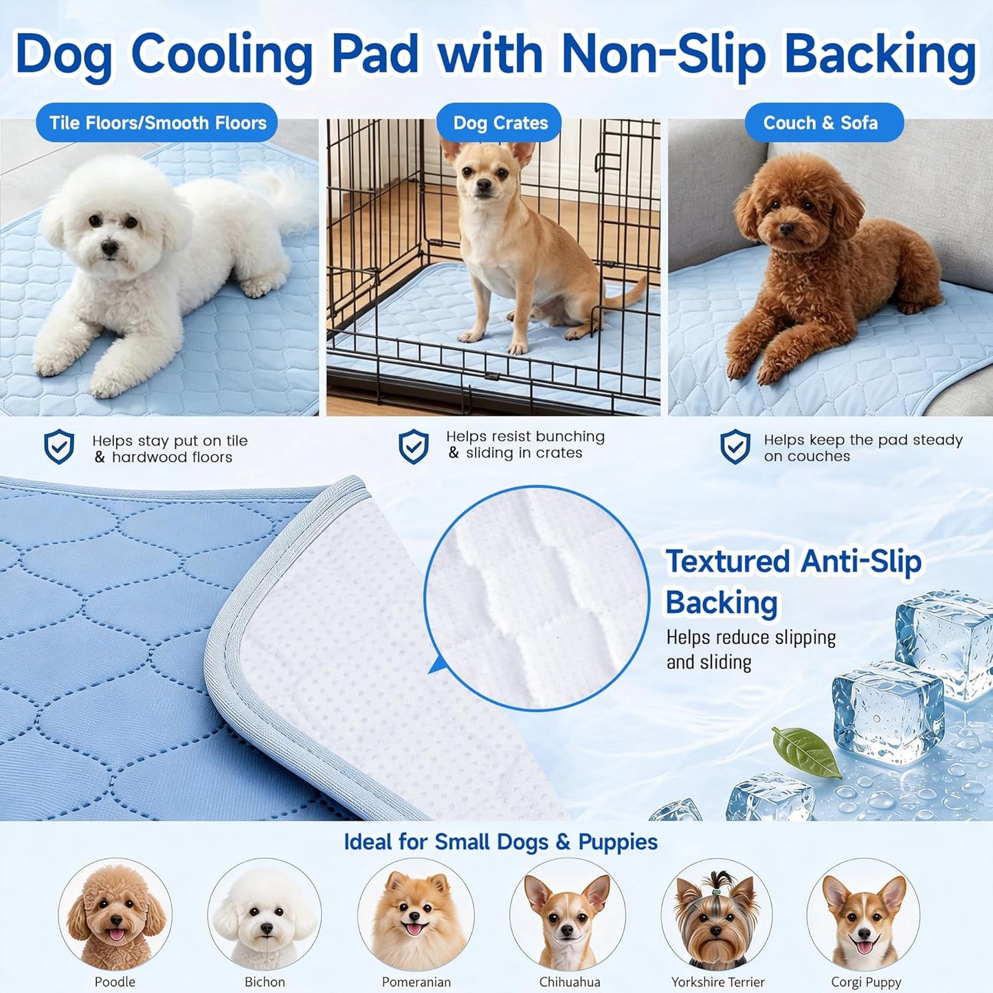 PatiencET Dog Cooling Mat, 22 x 28 in No-Gel Cooling Pad for Small Dogs, Puppies and Cats, Cool Touch Nylon Pet Mat, Washable Summer Dog Mat for Crate, Floor, Sofa, Car, Blue