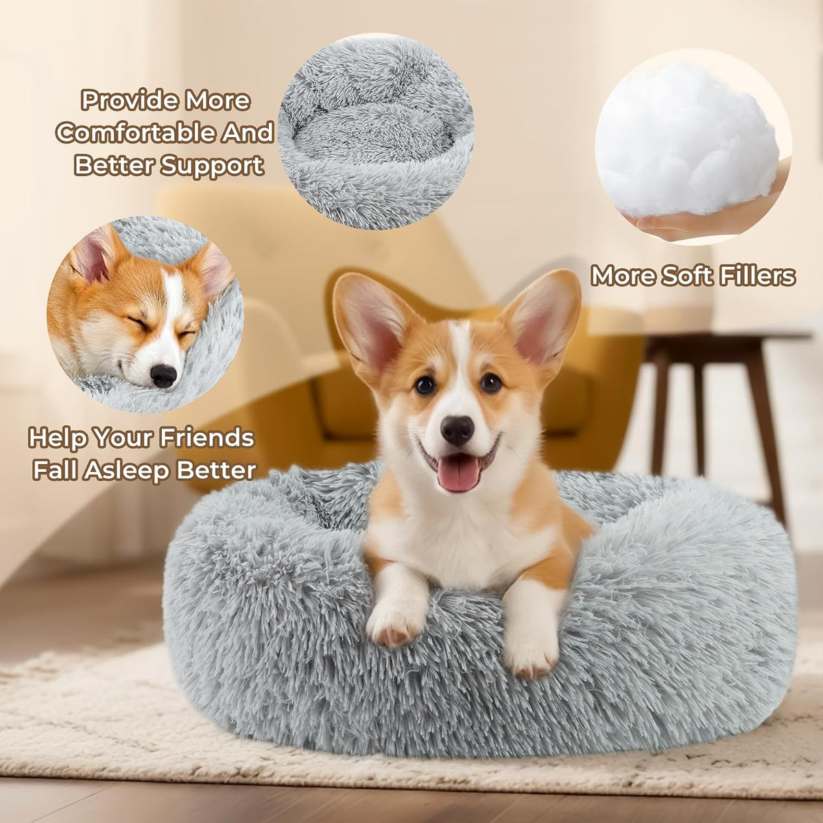 Calming Donut Dog and Cat Bed for Indoor Cats, Anti-Anxiety Round Fluffy Soft Washable Small Pet Bed for Puppy and Kitten, Warming Comfortable Luxury Anti-Slip Waterproof Mute Base 20in Gray