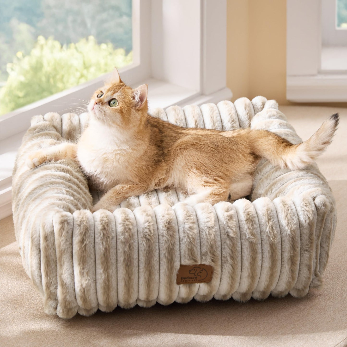 Bedsure ComfyFleece™ Cute Dog Bed for Small Medium Dogs - Washable Furry Puppy Beds, Rectangle Orthopedic Corduroy Fleece Pet Beds with Removable Zipper Cover, 25x21x7inches, Cream