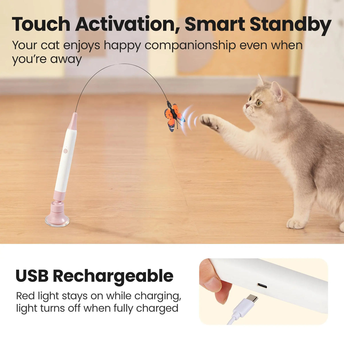 Potaroma Spinning Butterfly Cat Toy Wand – Rechargeable Electric Touch-Activated Interactive Cat Teaser with Suction Cup, Self-Play & Handheld Modes, Durable Automatic Play for Indoor Kittens and Cats #SummerVibes #petlovers