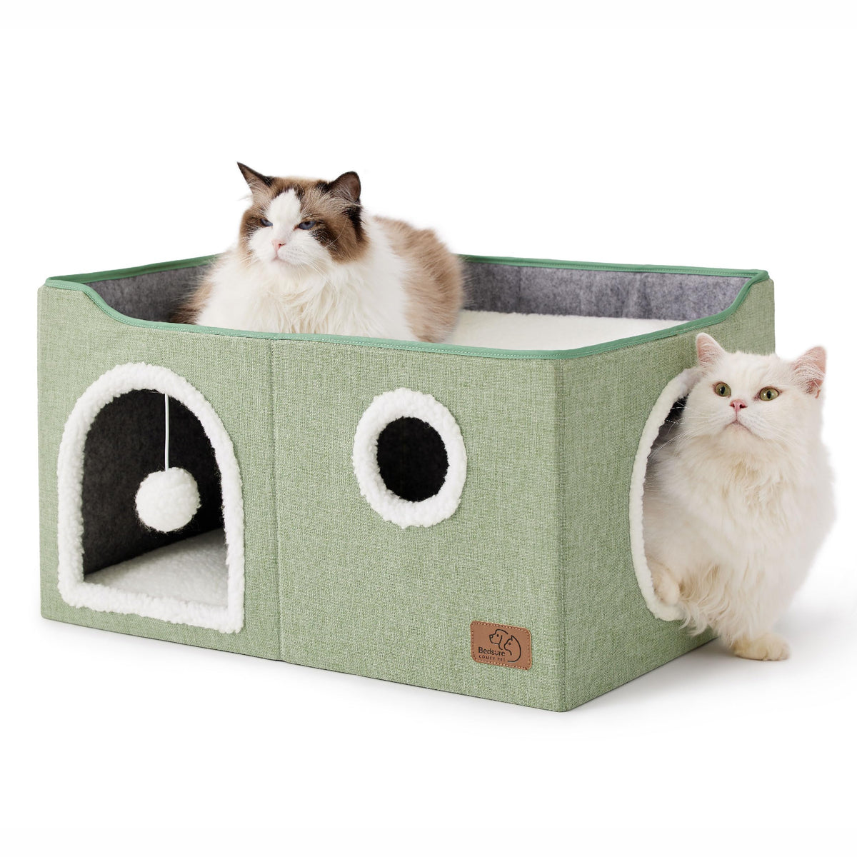Bedsure Cat House Bed for Indoor Cats with Fluffy Ball and Scratch Pad,Grey | 16.5x16.5x13 in,Large cat cave for multiple pets,Foldable cat hideway cube for sleeping kitten